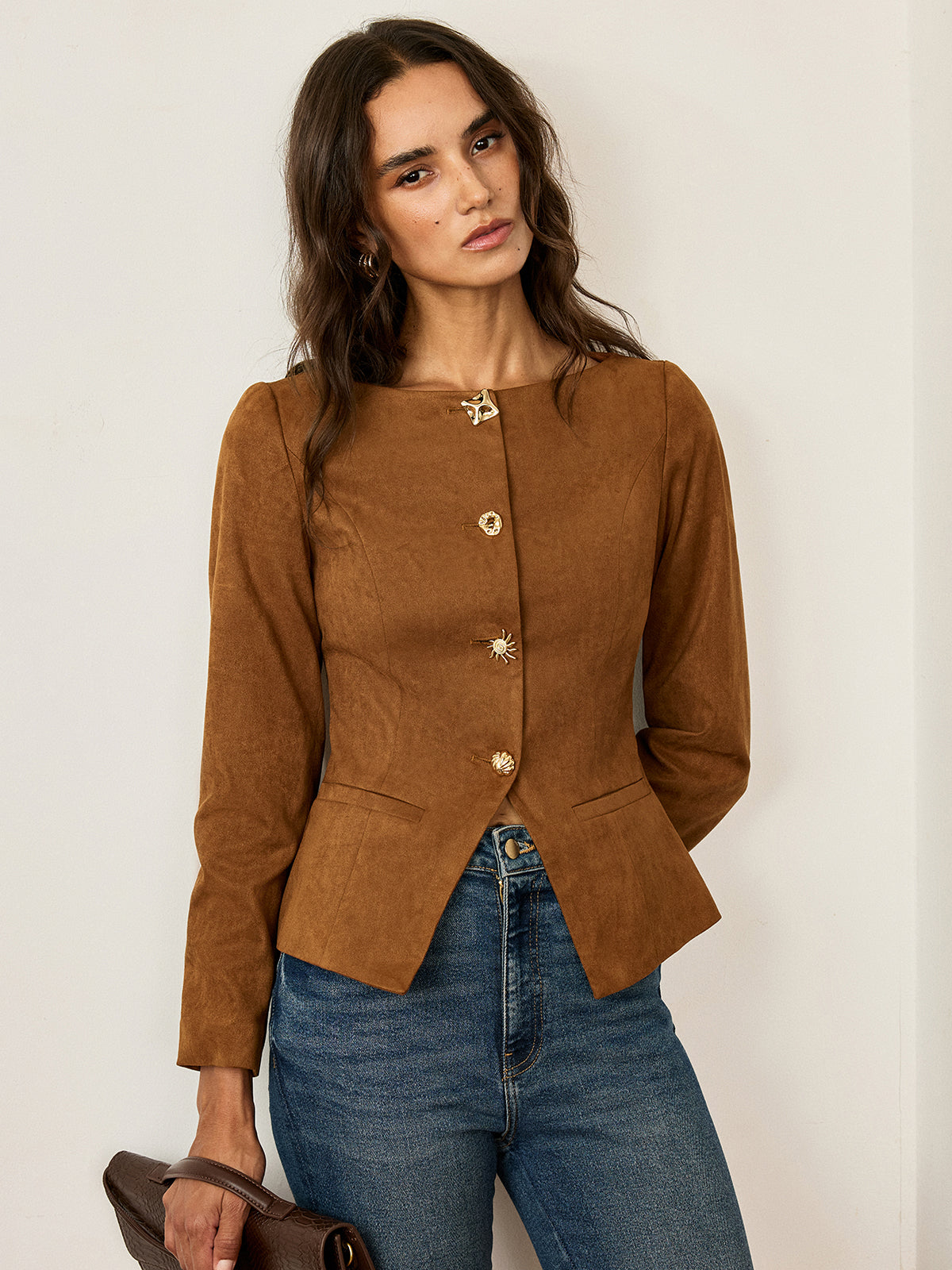Taillierte Wildlederimitat-Jacke mit Metallknöpfen