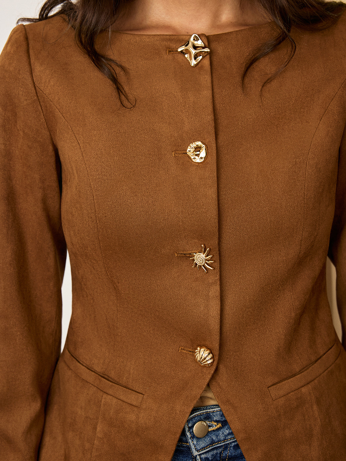 Taillierte Wildlederimitat-Jacke mit Metallknöpfen