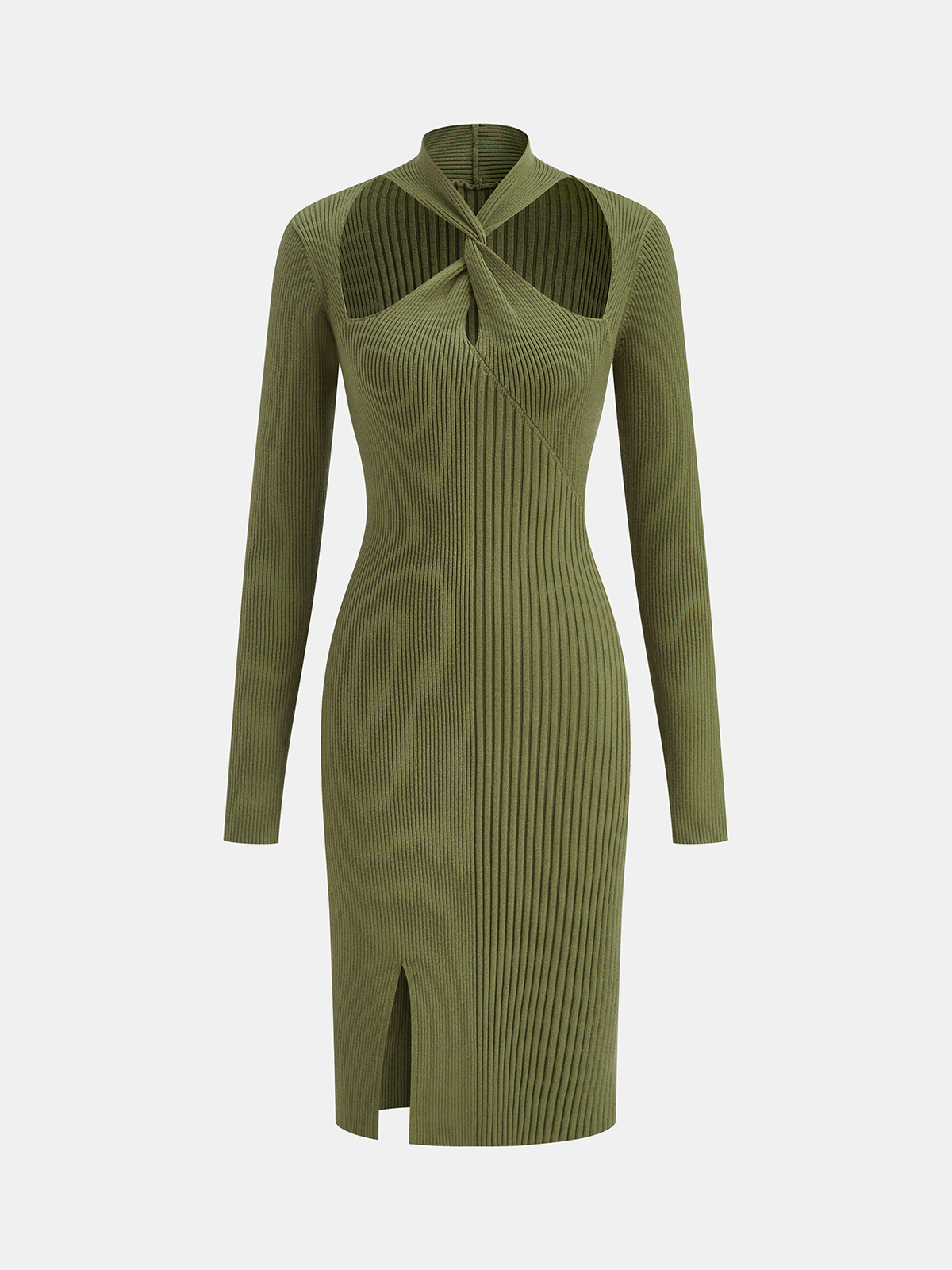 Robe mi-longue en maille fendue avec découpe torsadée au col