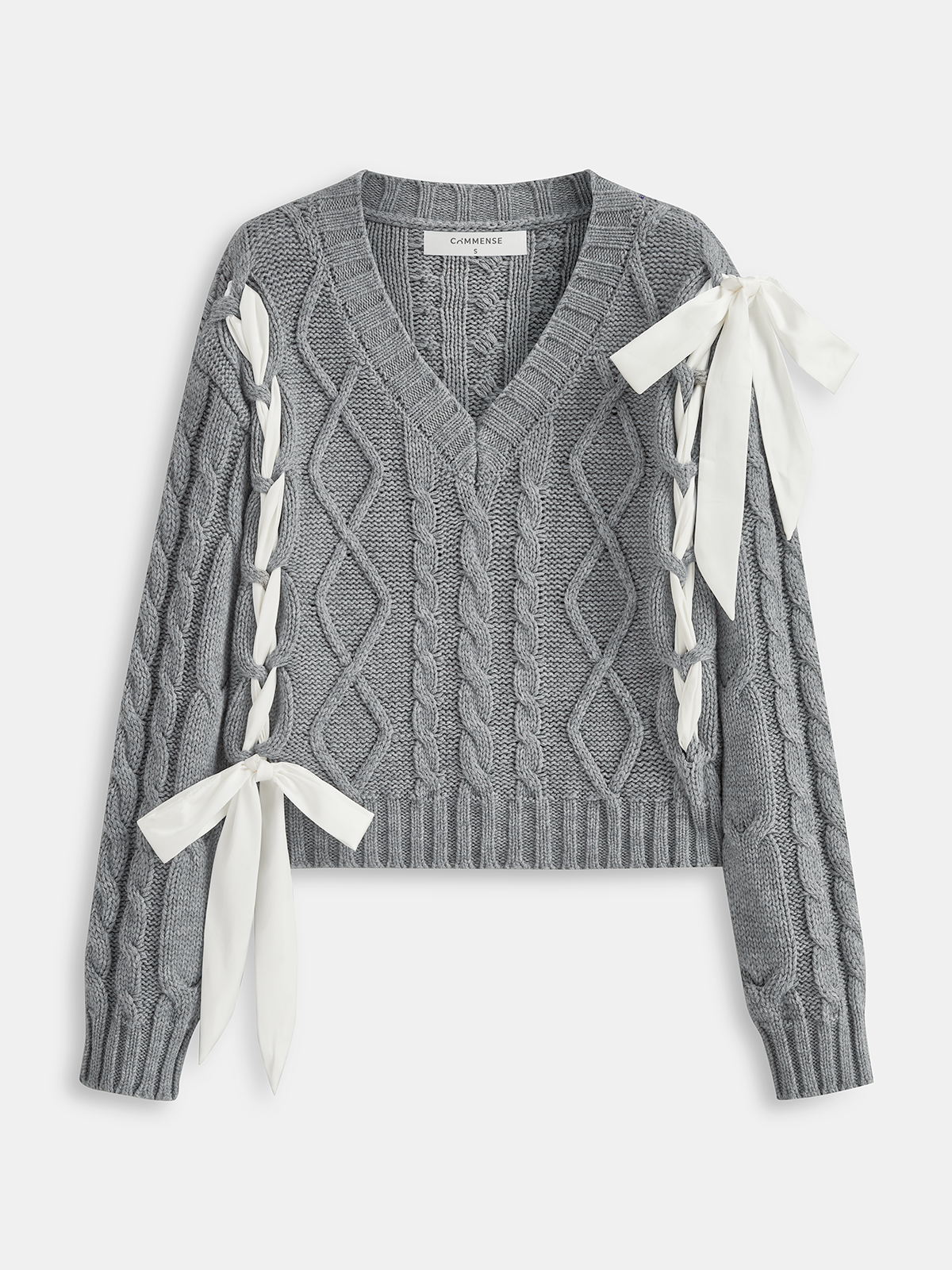 V-Neck Cable-Knit Bow Sweater