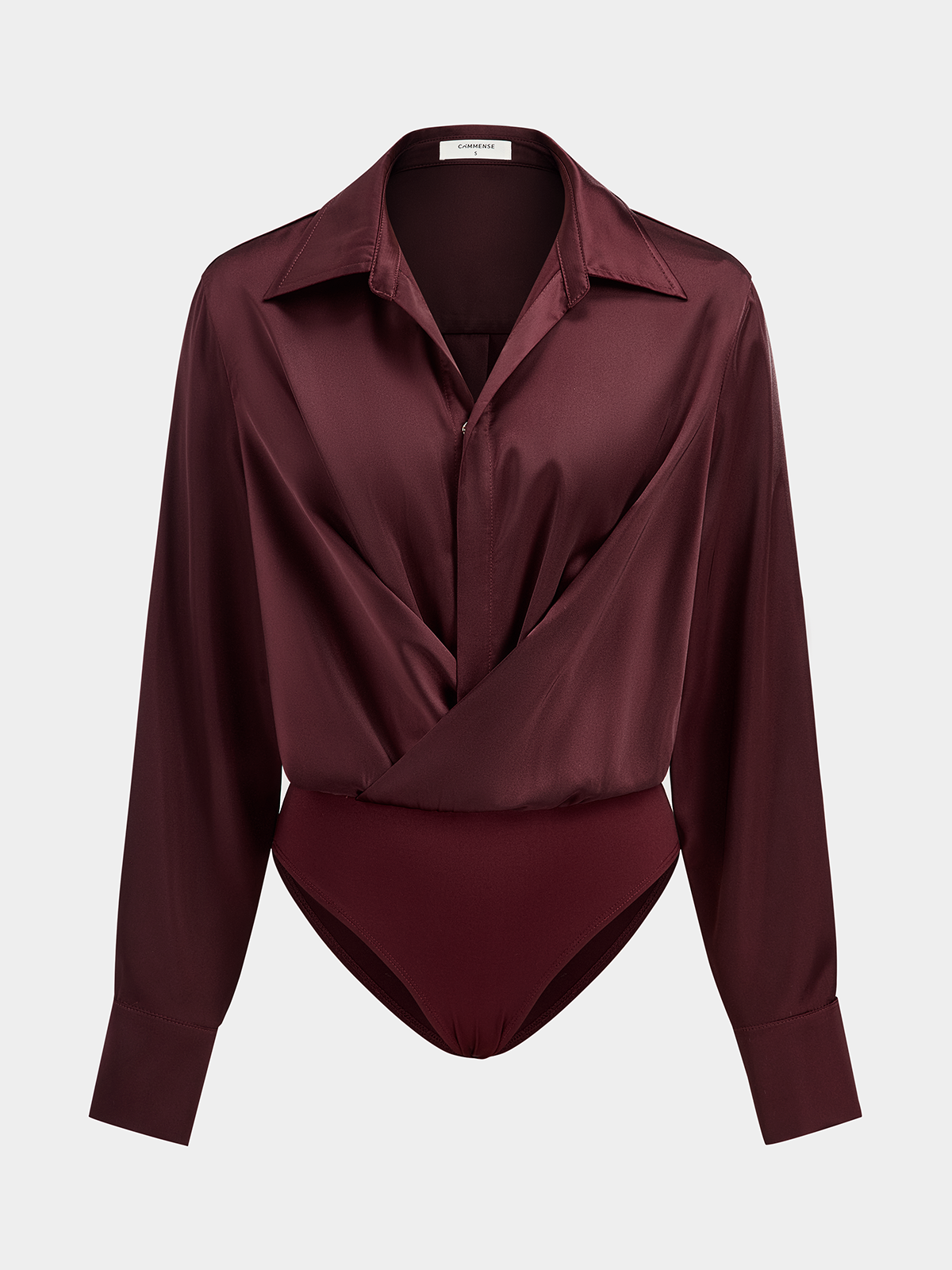 Collared Draped Satin Long Sleeve Bodysuit