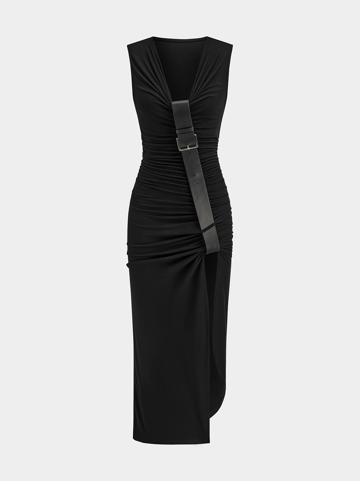 Robe longue sans manches froncée à ceinture décorative