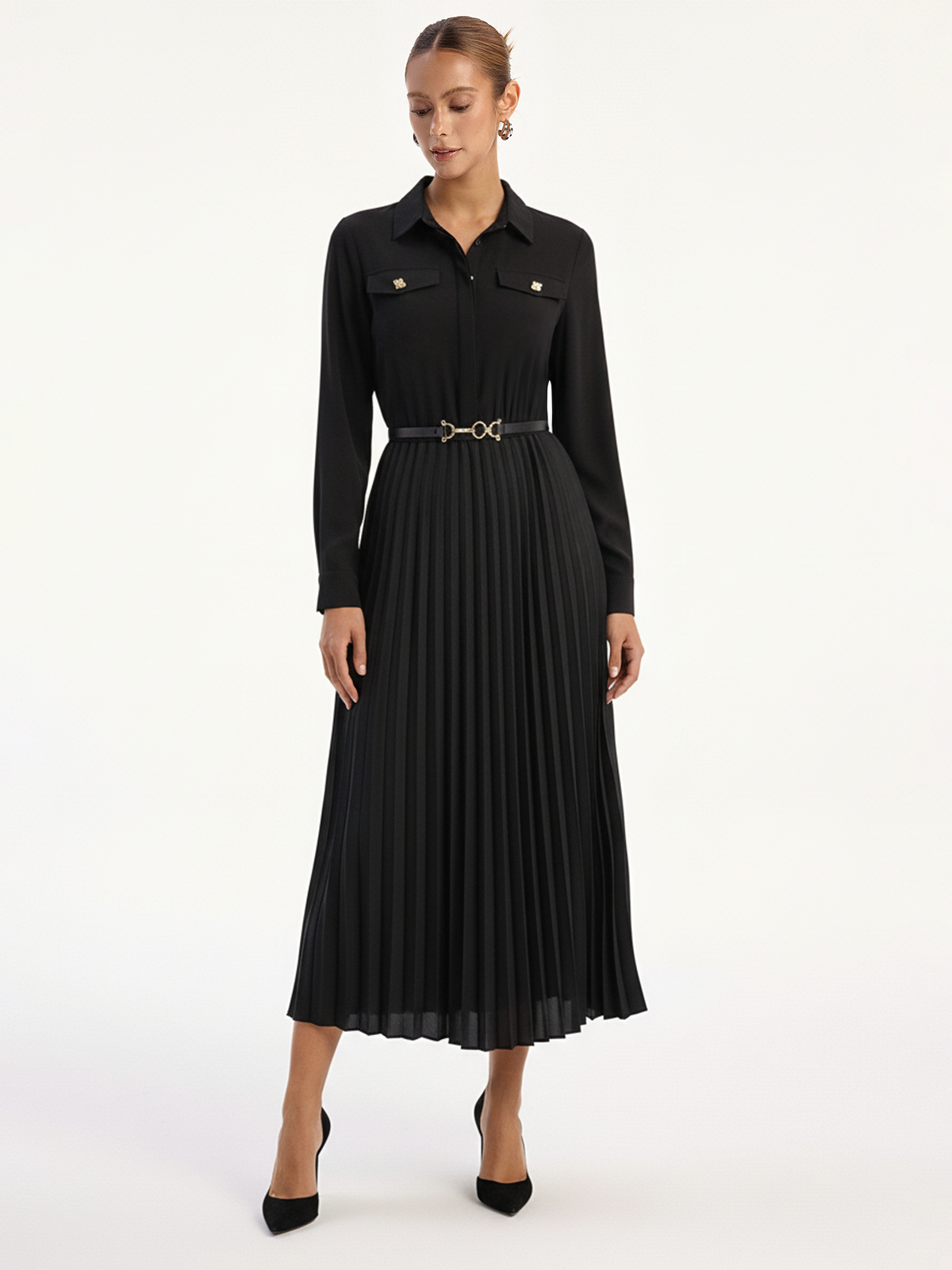 Plissiertes Langarm-Hemdblusenkleid mit Gürtel