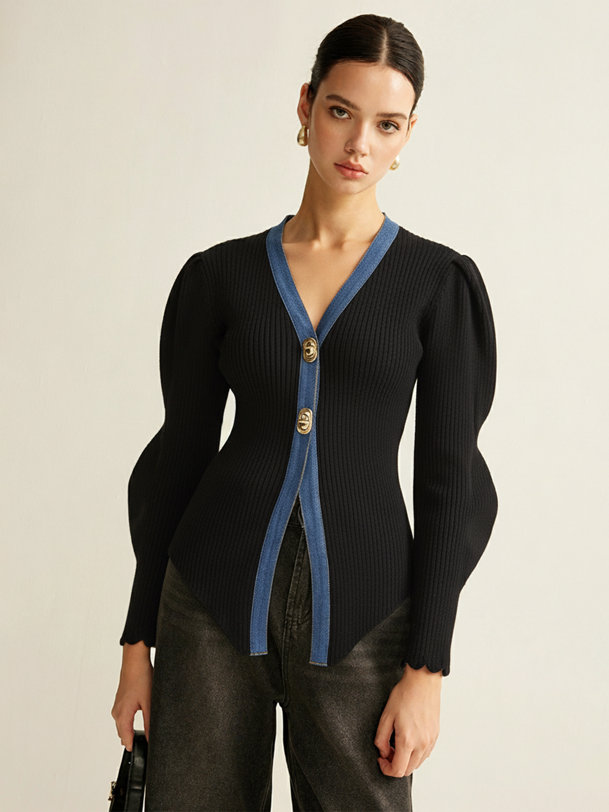 Scalloped Sleeve Denim Paneled Ribbed Cardigan