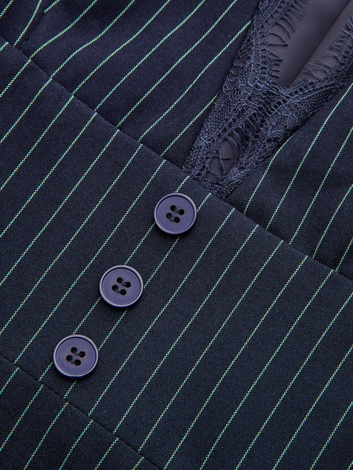 Lace Trim Pinstripe Flared Dress with Tie Neck