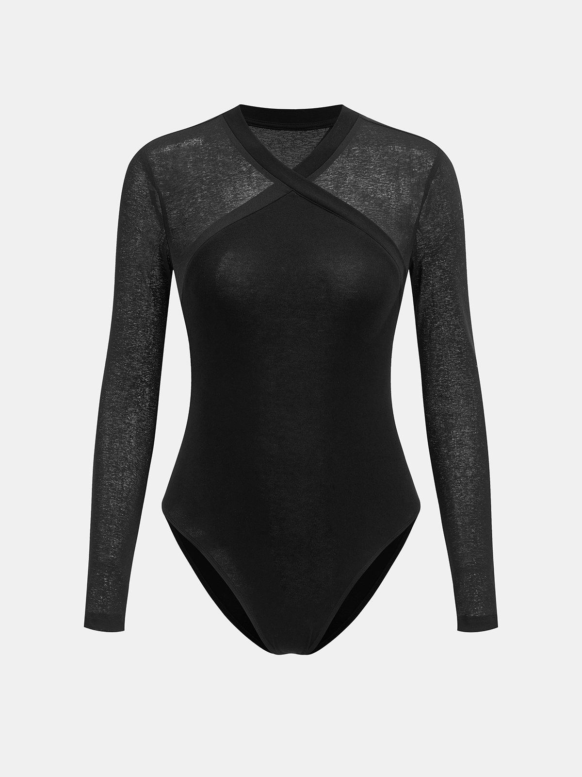 Sheer Panel Cross-Front Long Sleeve Bodysuit