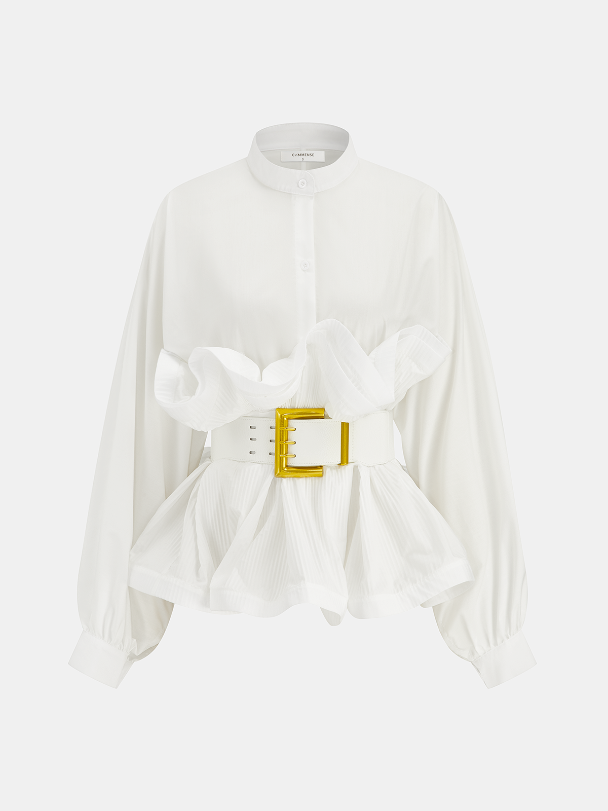 Stand Collar Belted Ruffled Shirt