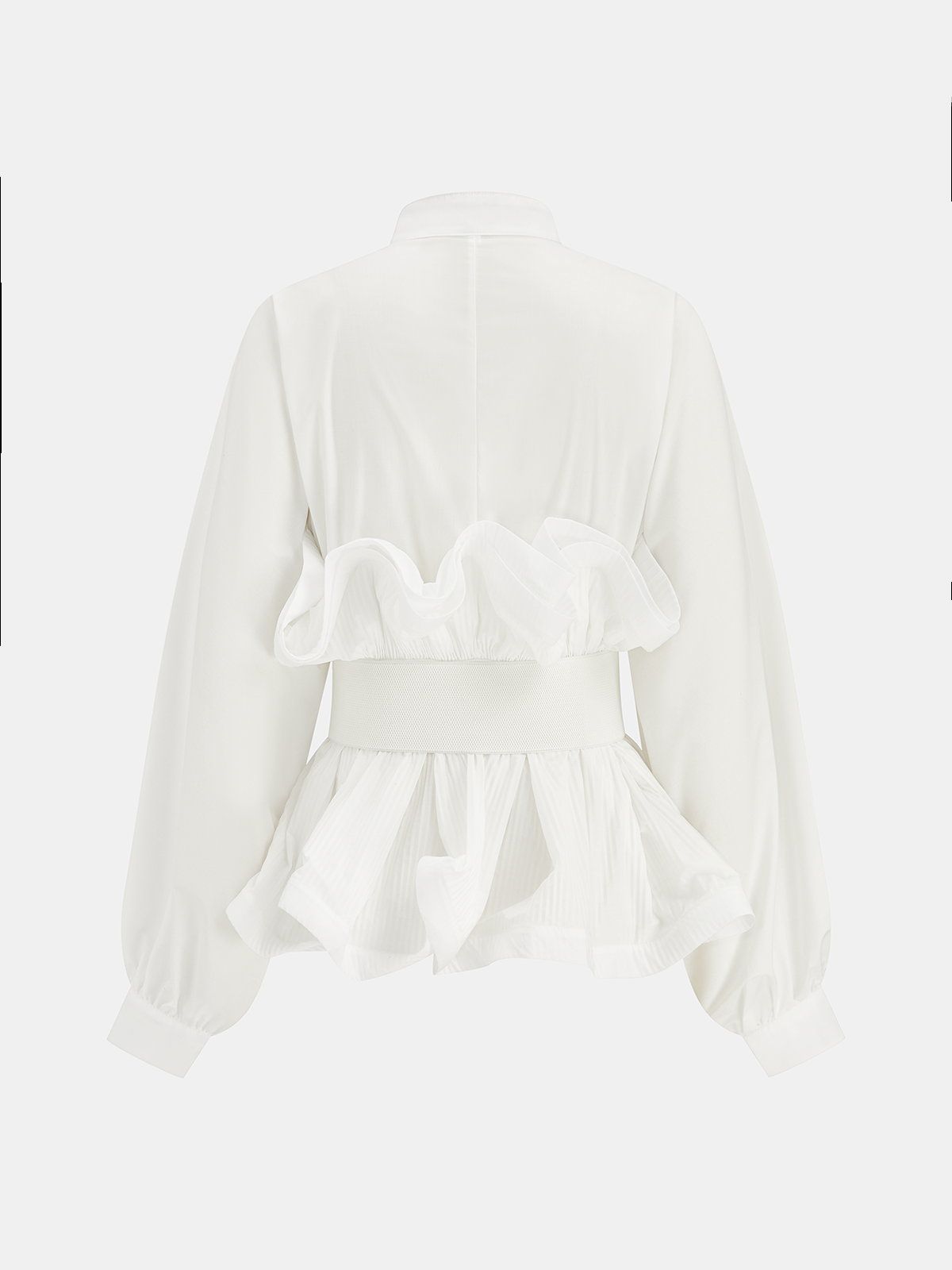Stand Collar Belted Ruffled Shirt