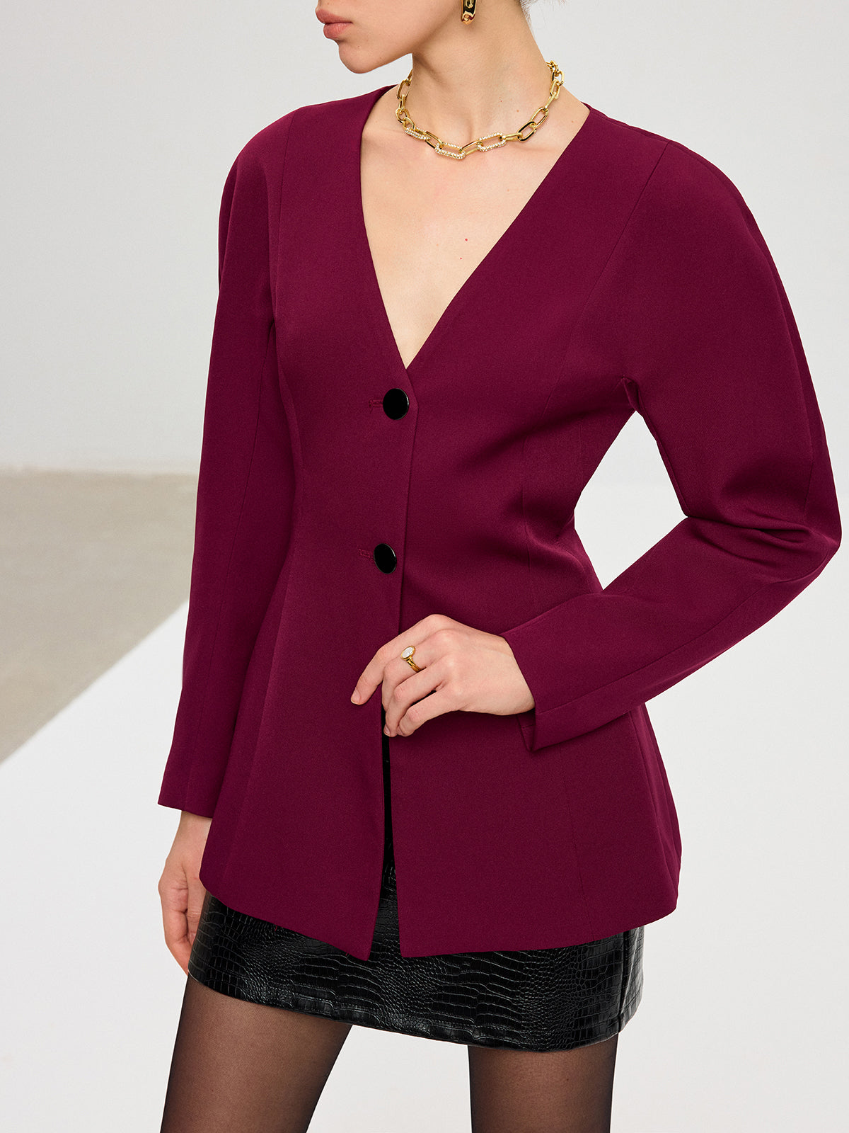 Blazer col V à manches bouffantes