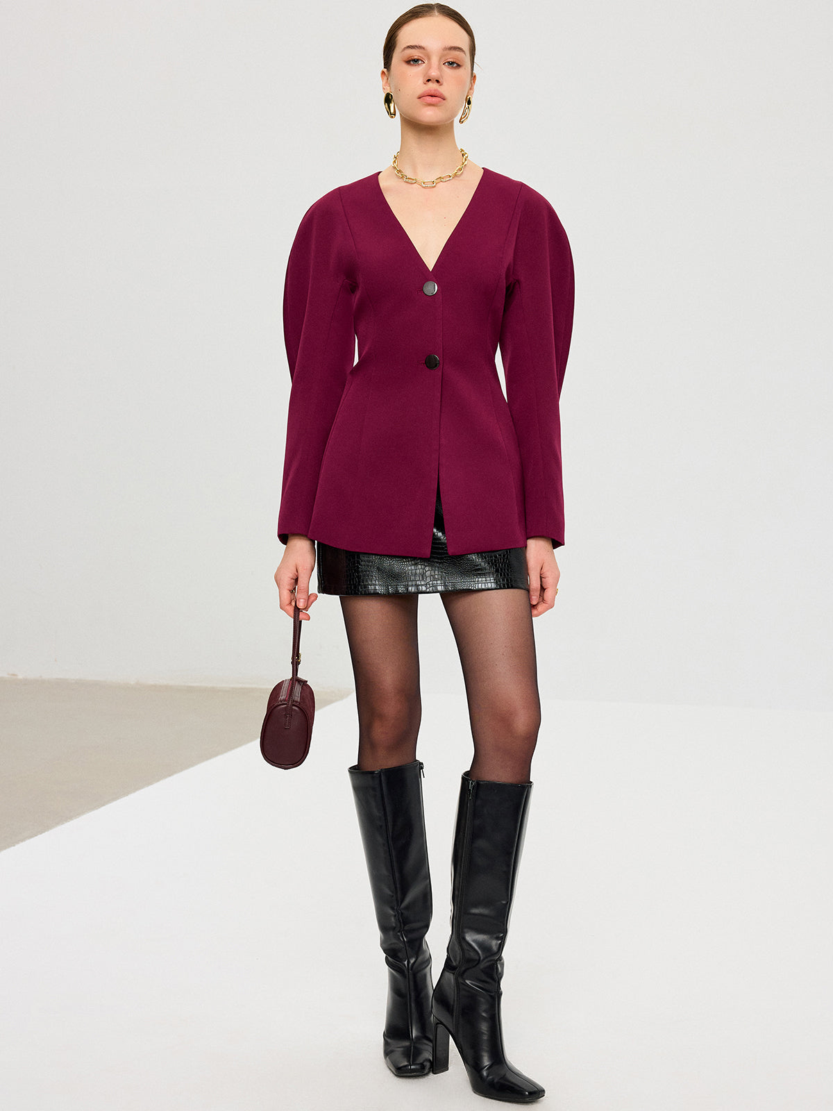 Blazer col V à manches bouffantes
