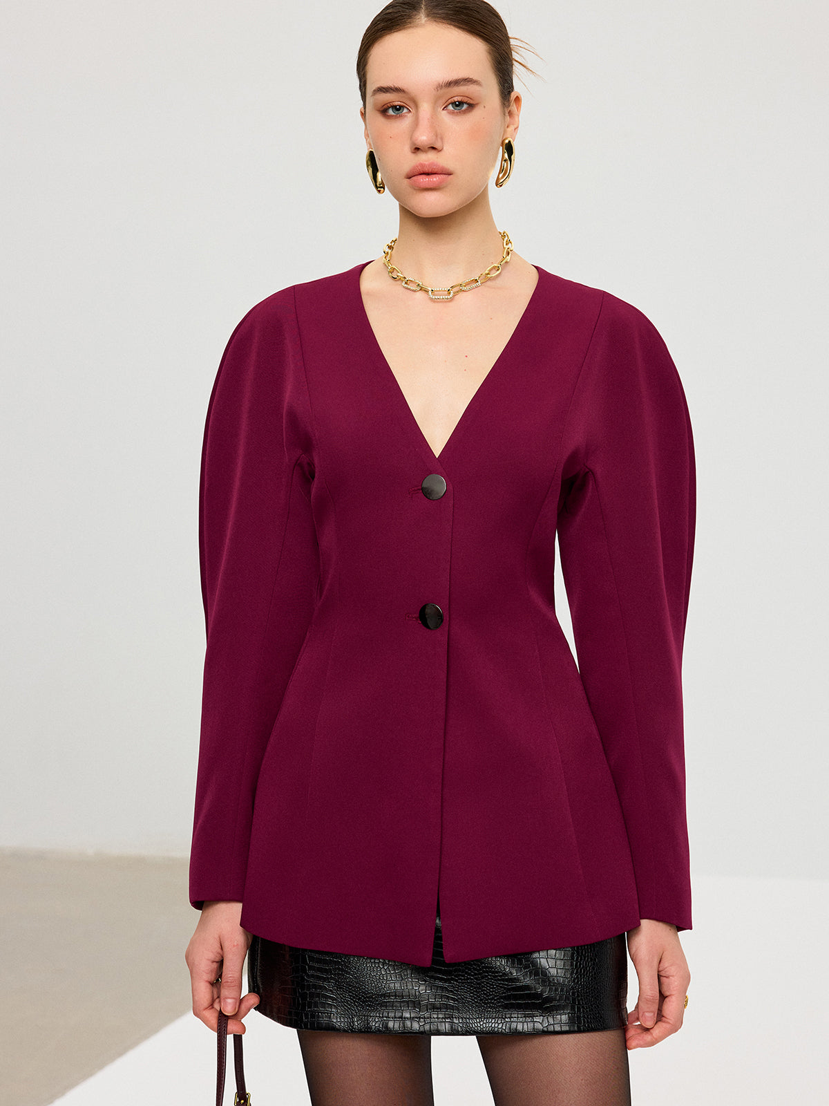 Blazer col V à manches bouffantes