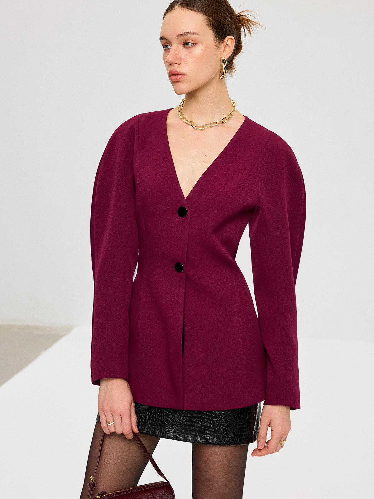 Blazer col V à manches bouffantes