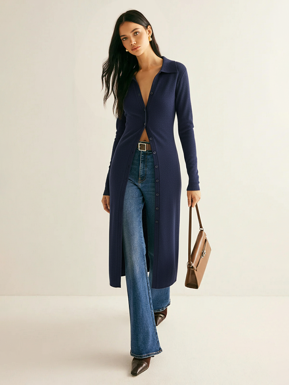 Gilet long en maille boutonnée à col