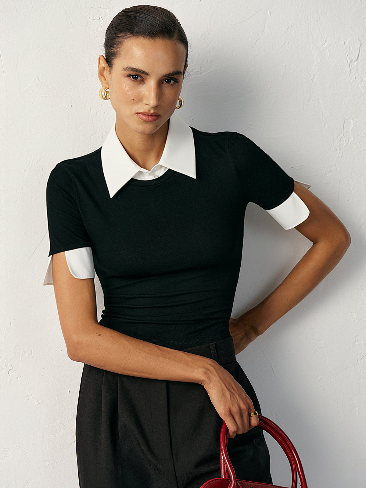 2 in 1 Paneled Collar And Cuffs Fitted T-Shirt