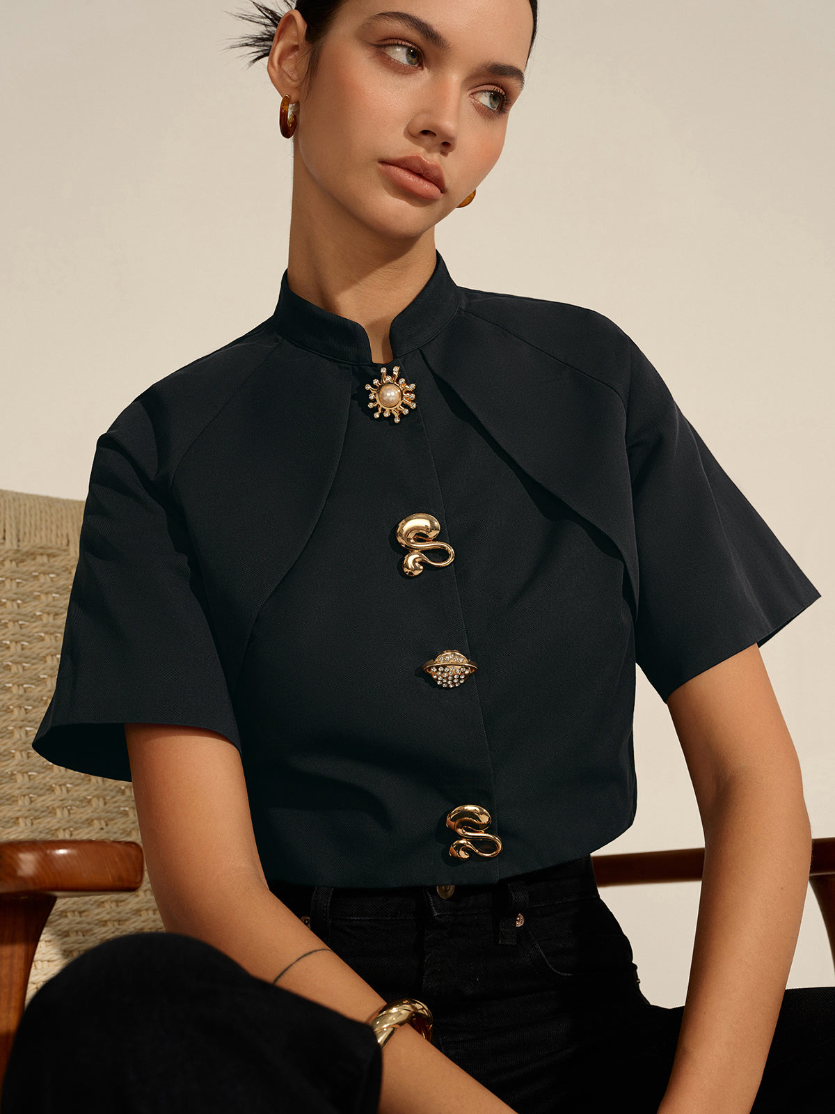Metal Decor Cropped Blouse