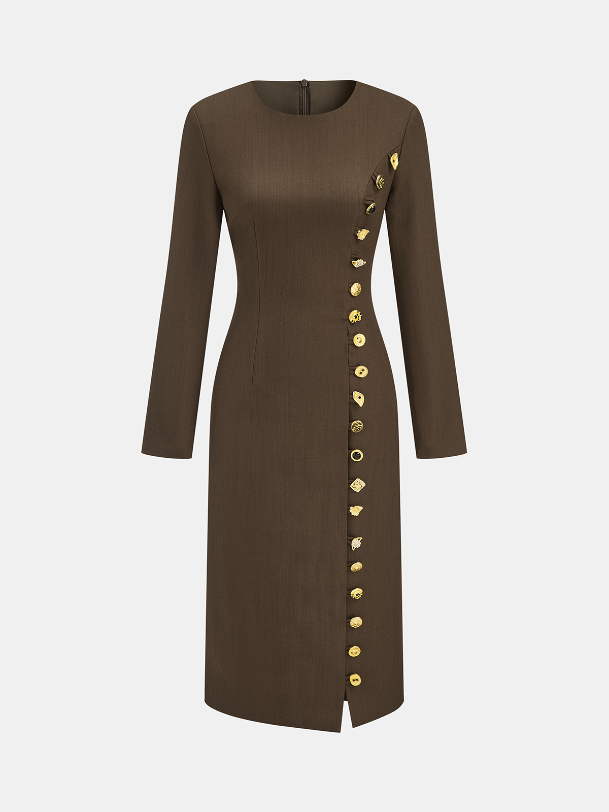 Metal Side Button Long Sleeve Midi Dress