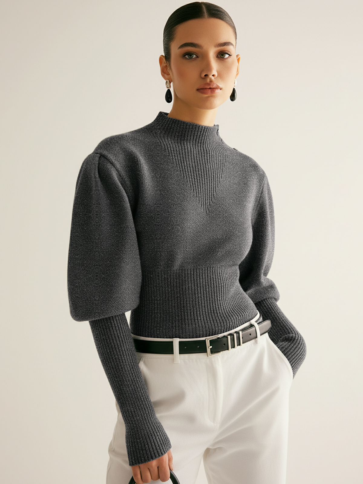 Leg-Of-Mutton Sleeve Button Detail Sweater