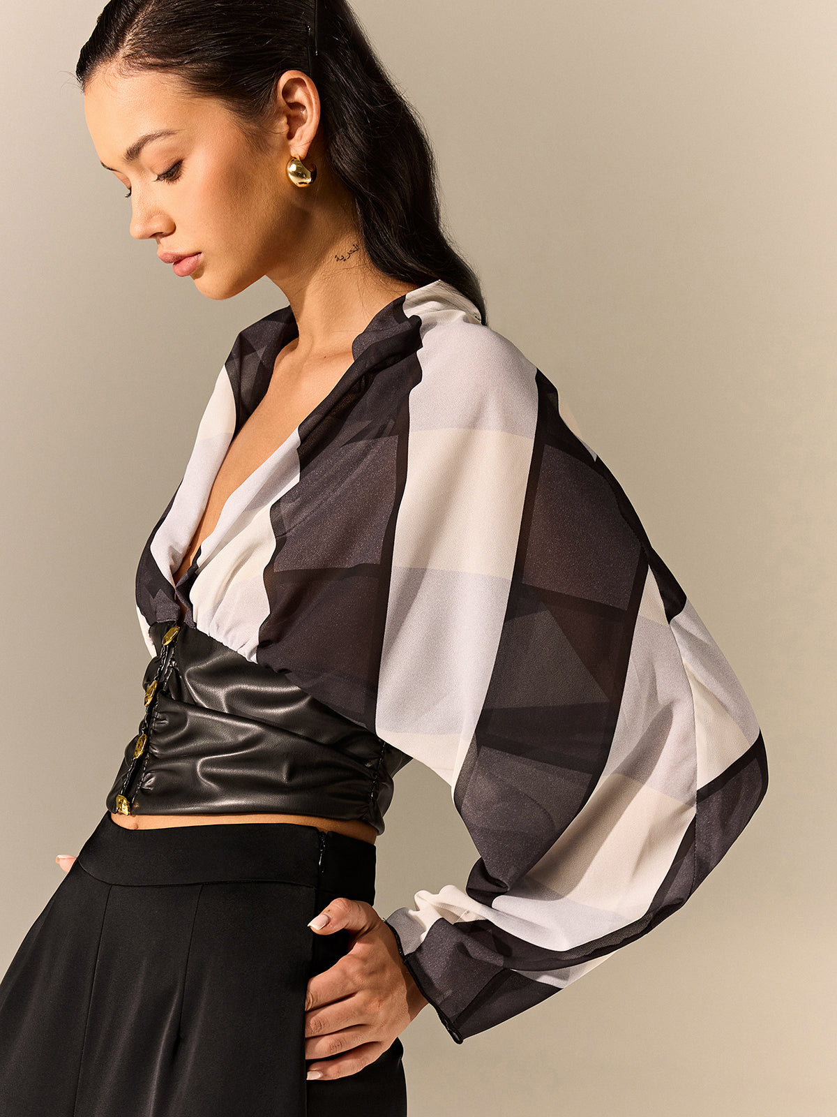 Semi-Sheer Striped Panel Faux Leather Top