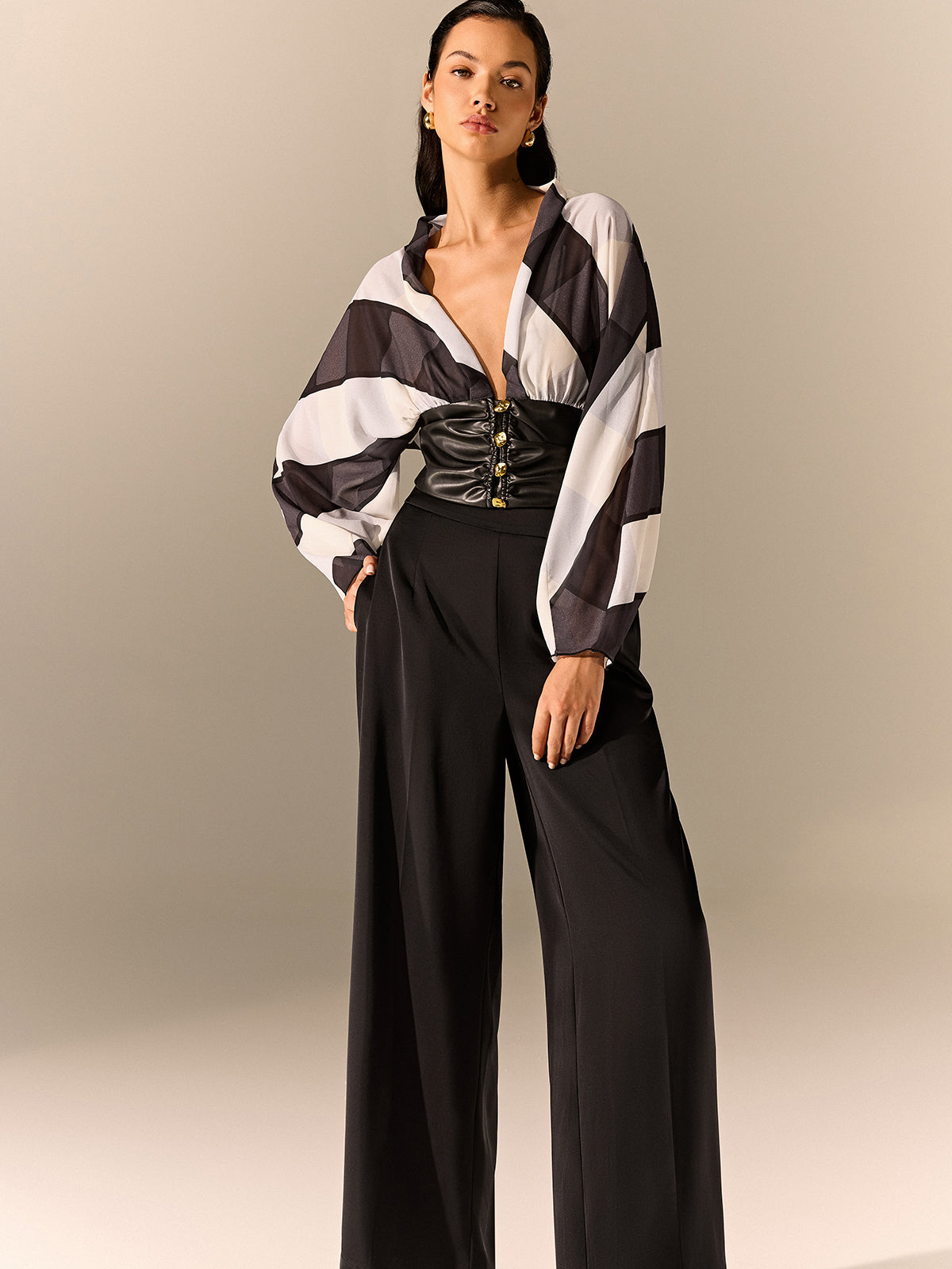 Semi-Sheer Striped Panel Faux Leather Top