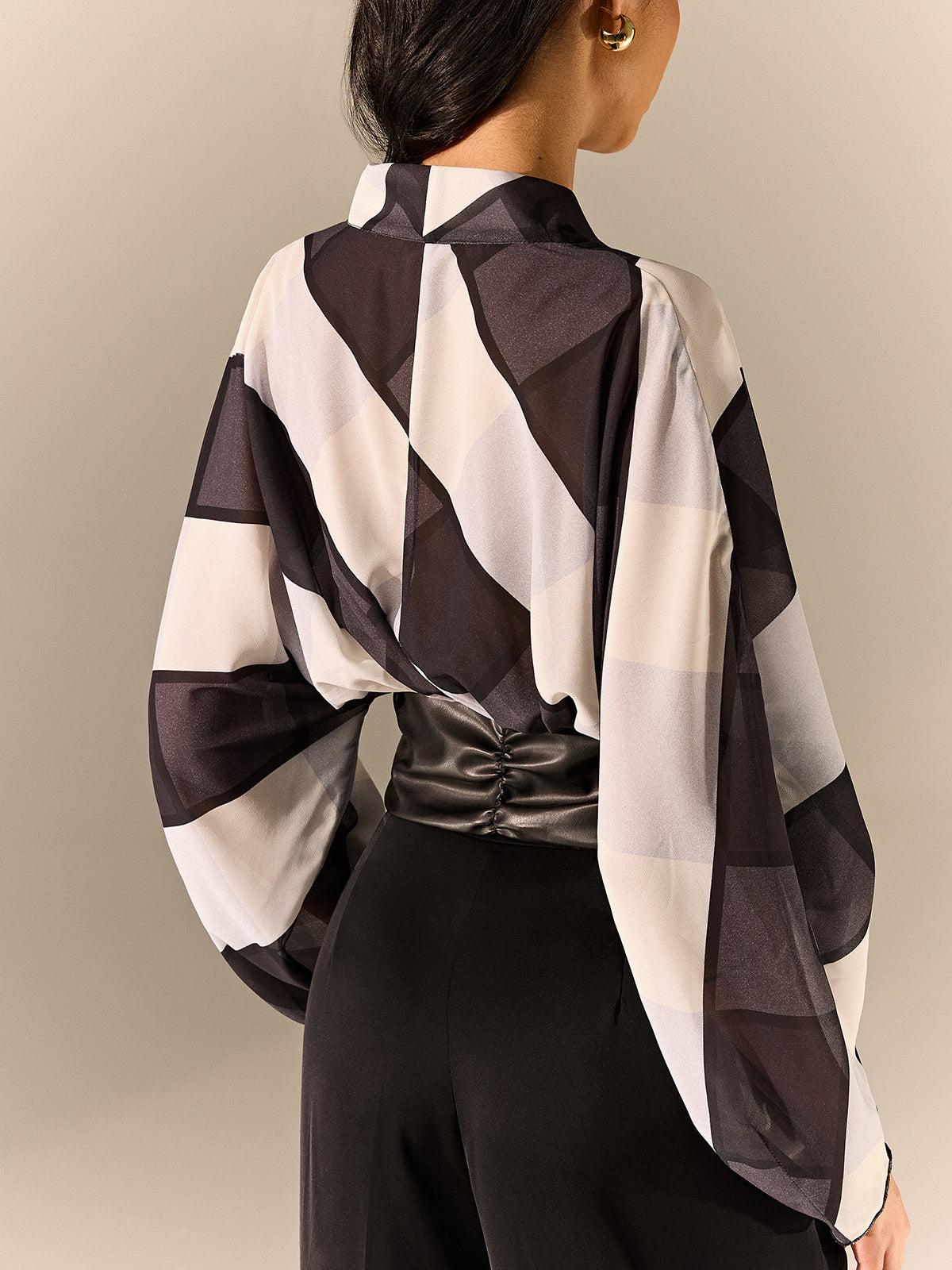 Semi-Sheer Striped Panel Faux Leather Top