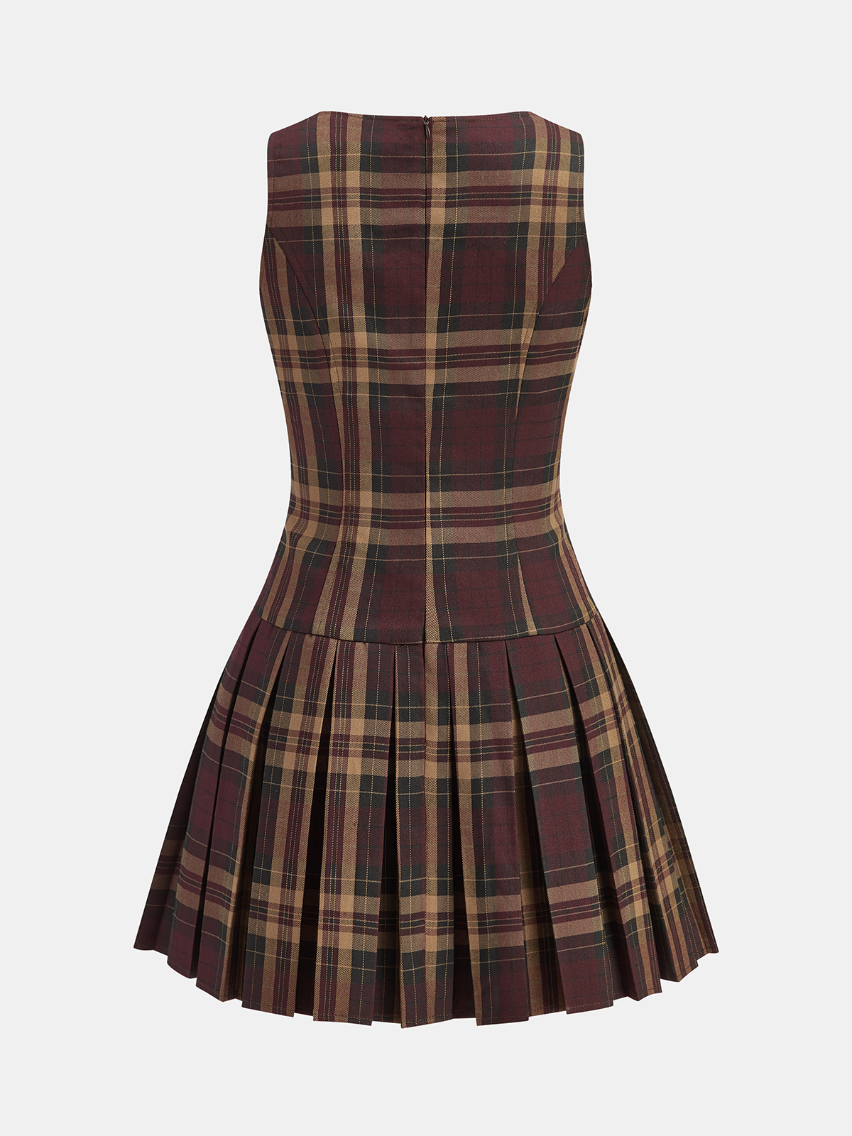 Mini-robe plissée sans manches à carreaux et détails métalliques