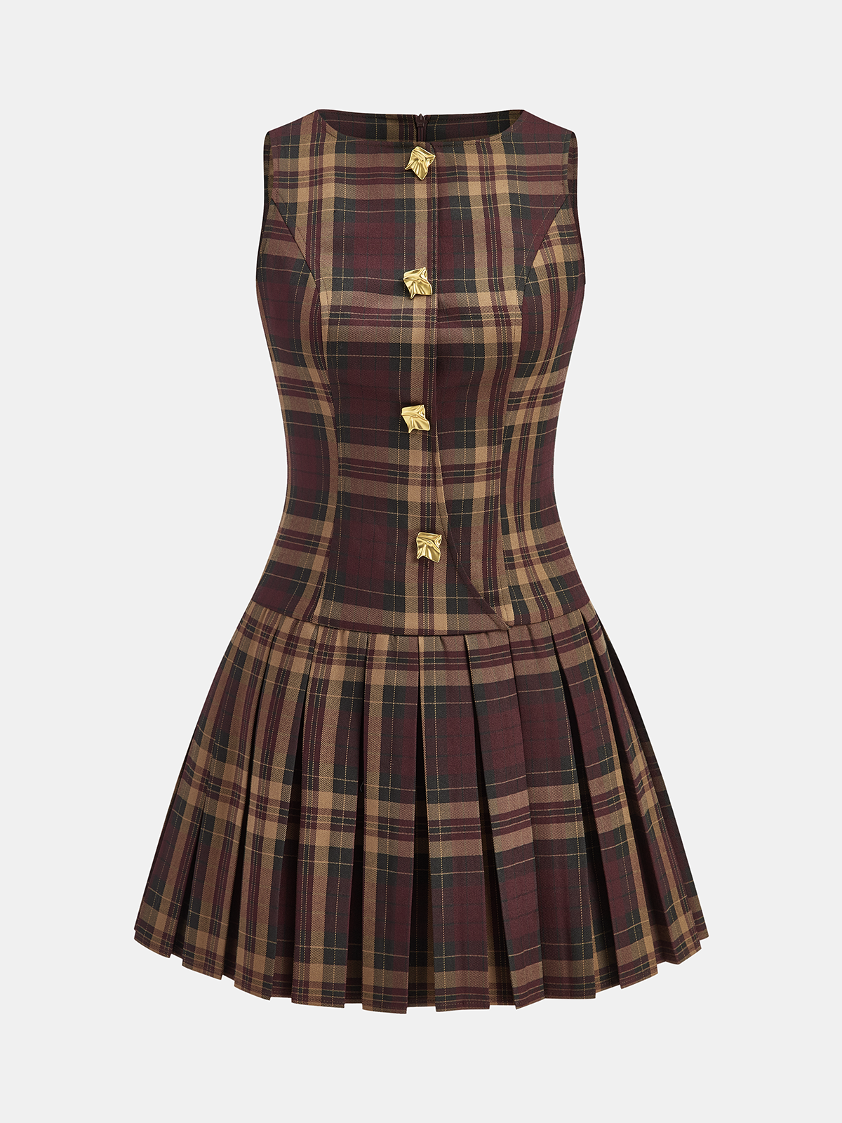 Mini-robe plissée sans manches à carreaux et détails métalliques