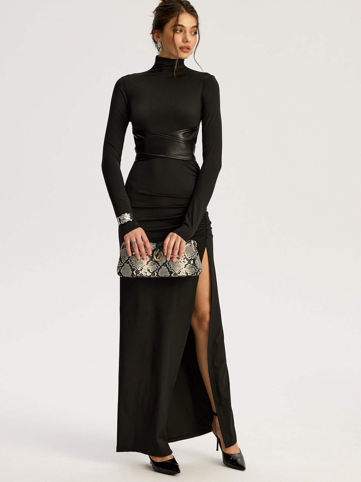 Belted High-Slit Turtleneck Maxi Dress