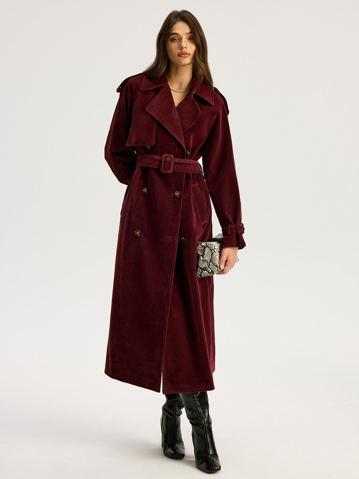 Gürtel-Trenchcoat in Wildlederoptik mit doppelreihiger Knopfleiste
