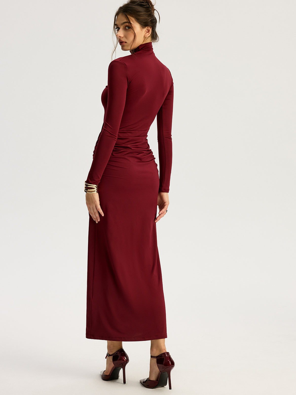 Metal Flower Slit Ruched Mock Neck Maxi Dress