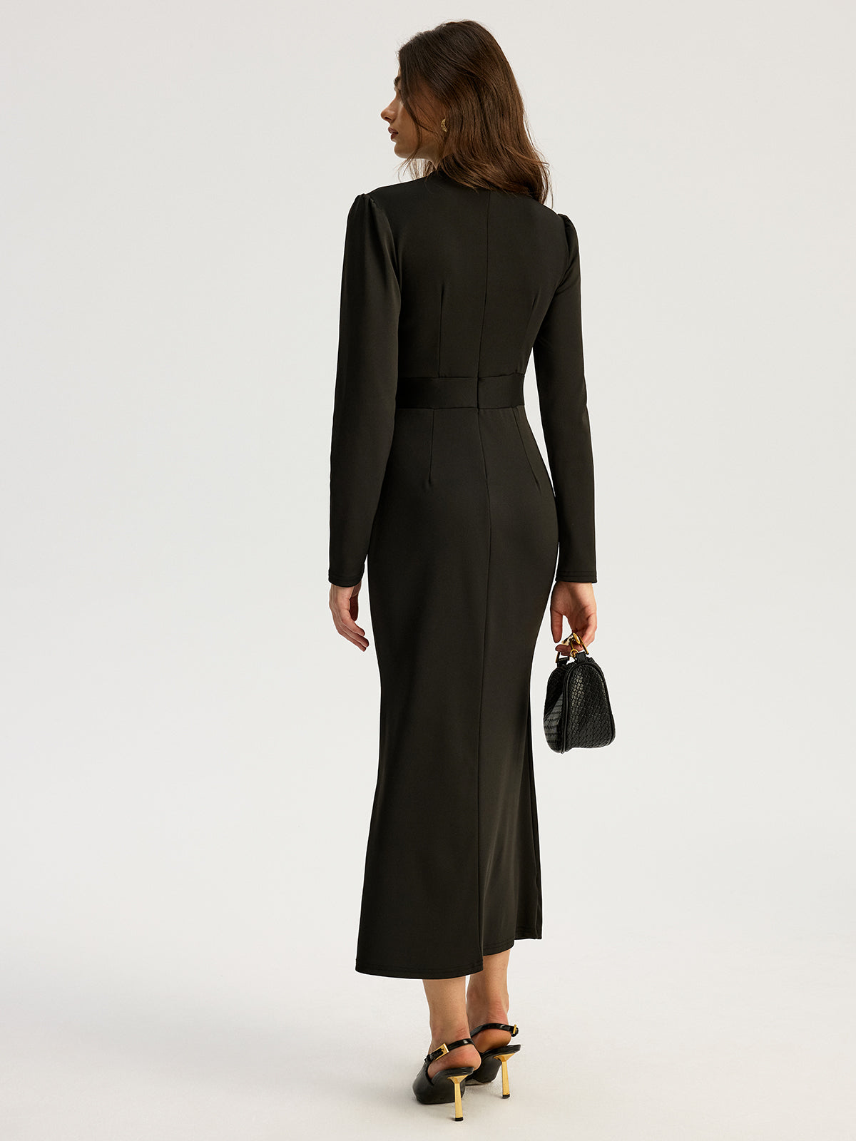 Bow-collar Long-Sleeved Dress with Metal Button