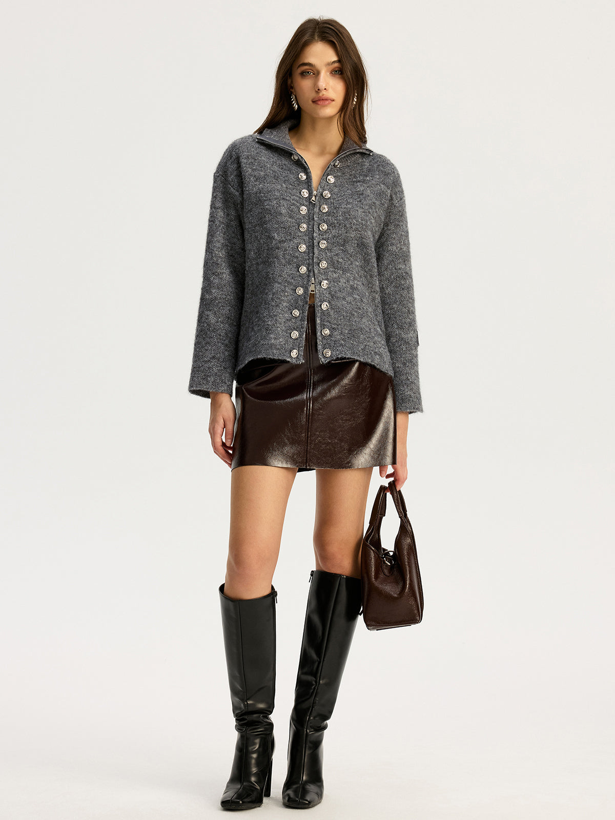 Zweireihige Stehkragen-Strickjacke mit Reißverschluss