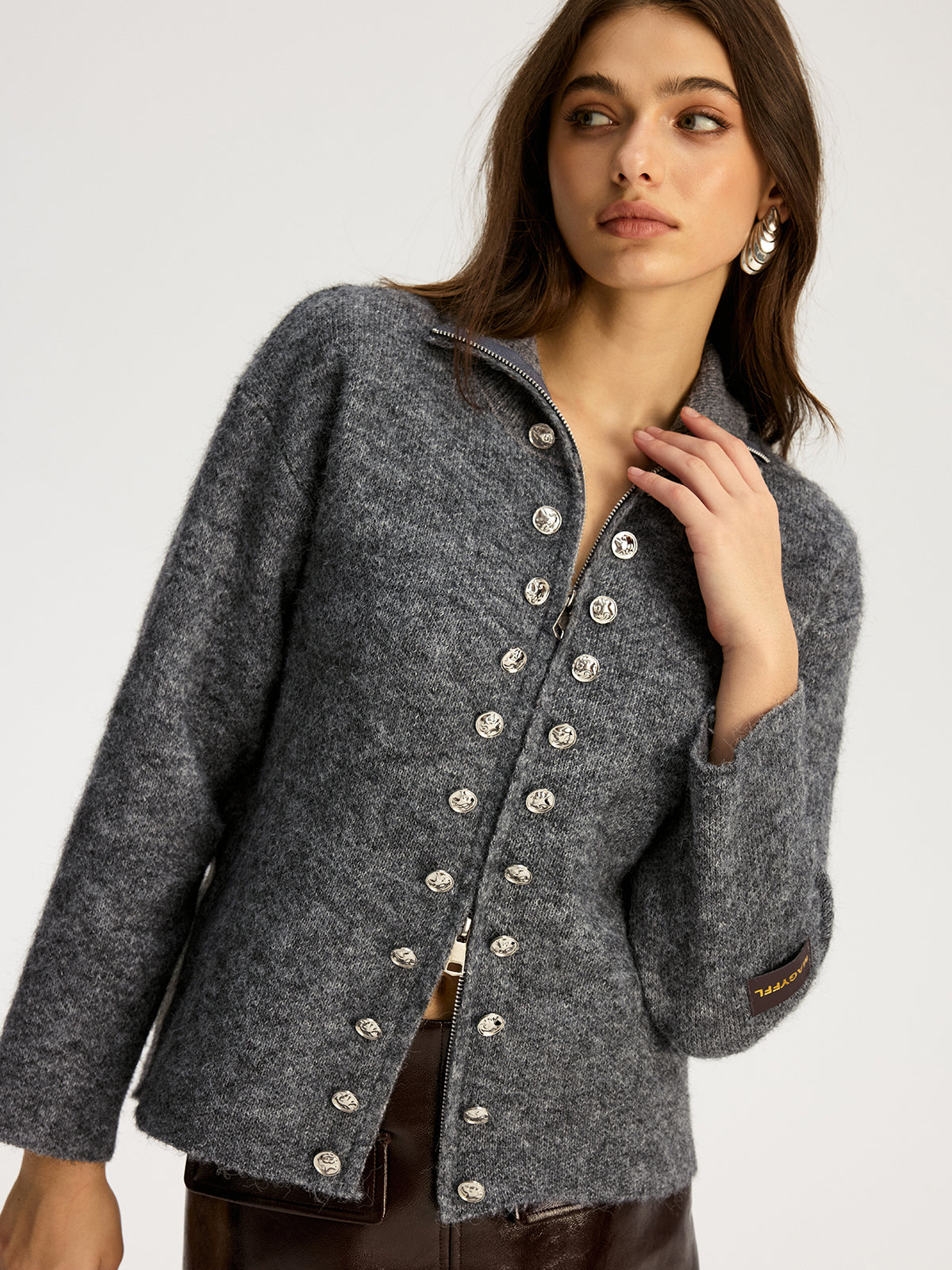 Double-breasted Stand-up Collar Zipper Cardigan