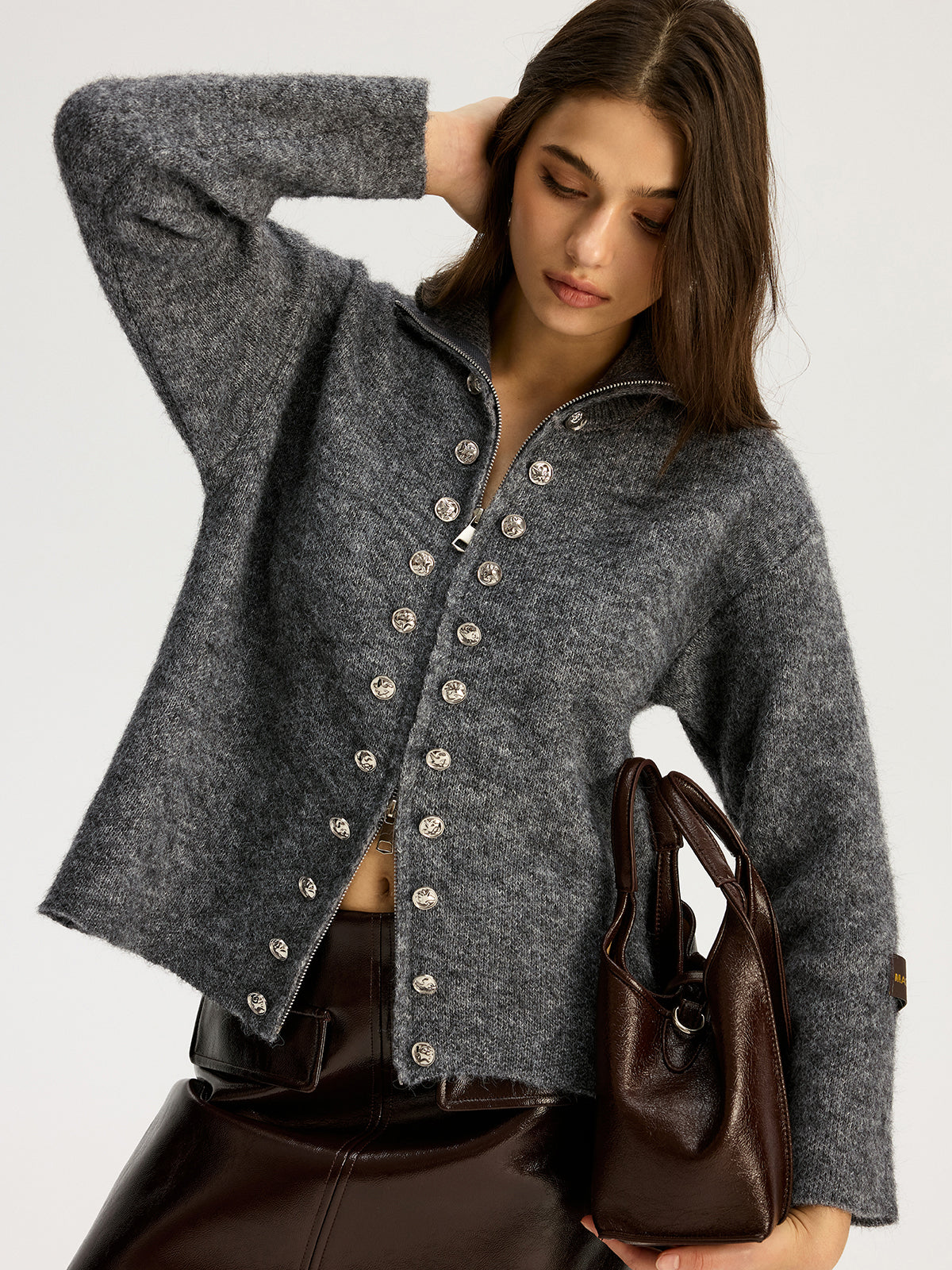 Zweireihige Stehkragen-Strickjacke mit Reißverschluss