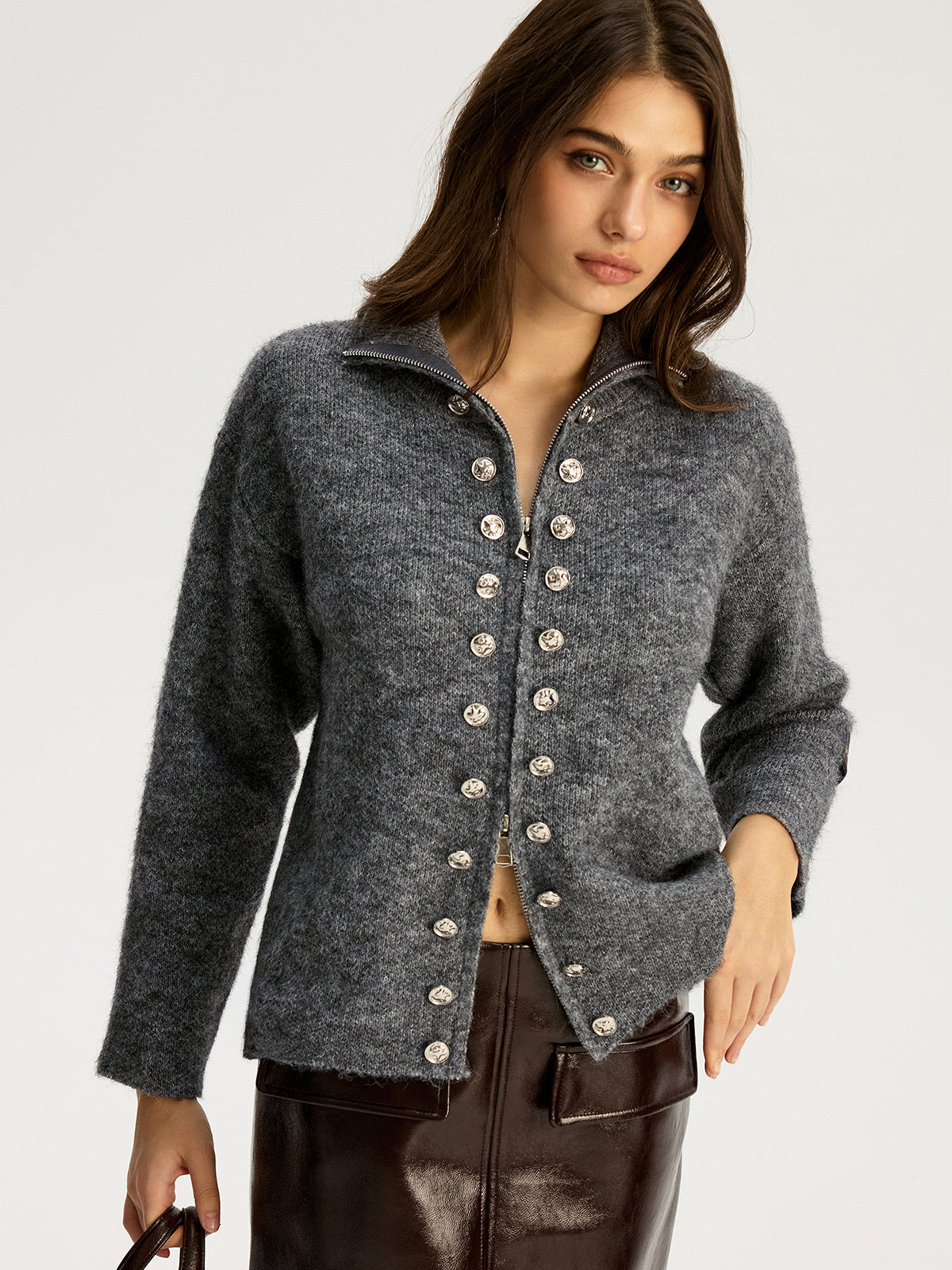 Zweireihige Stehkragen-Strickjacke mit Reißverschluss