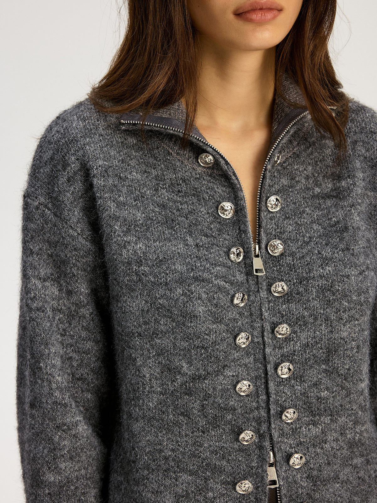 Zweireihige Stehkragen-Strickjacke mit Reißverschluss