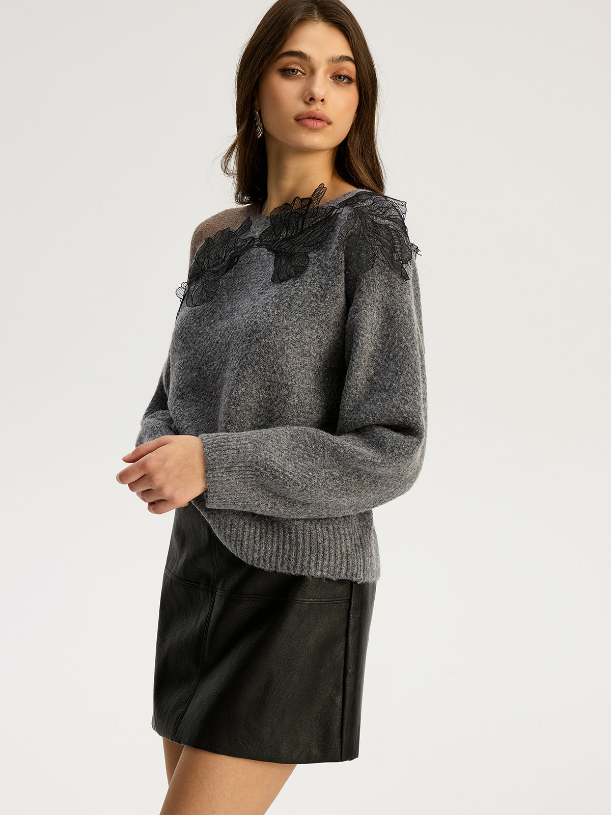 Floral lace Sweater Semi Sheer Round Neck Sweater