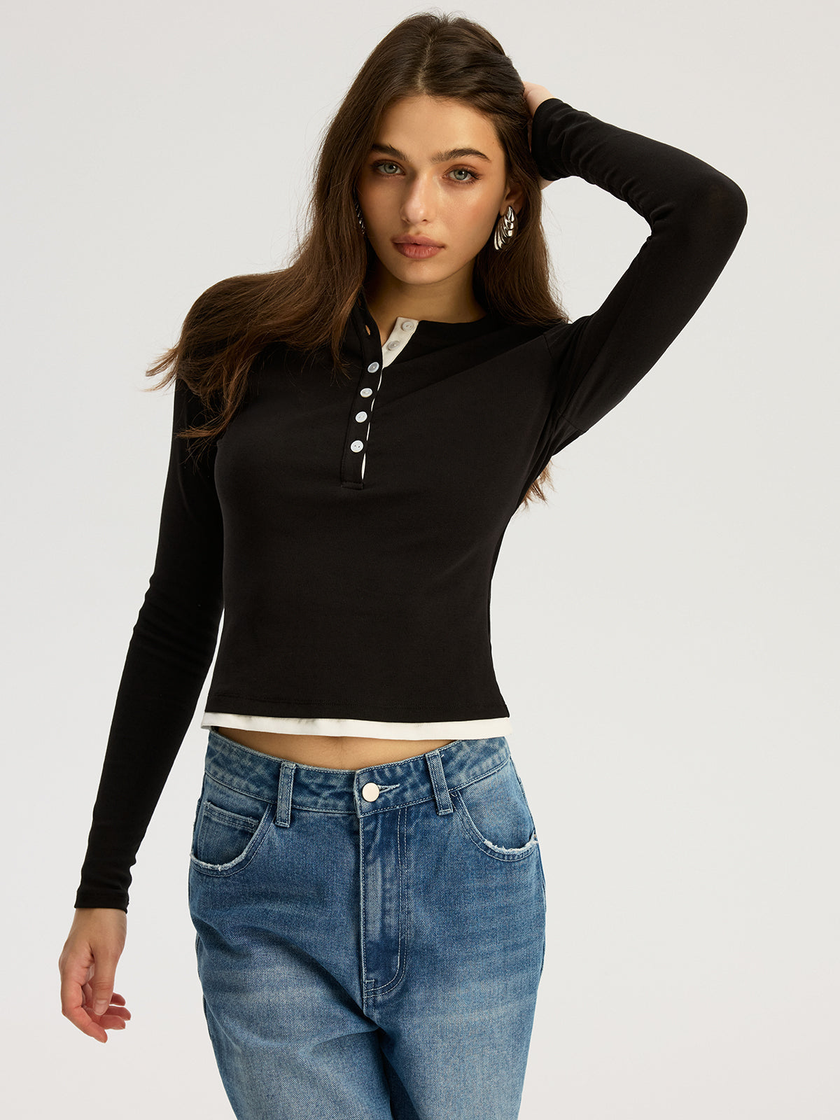 Contrast Trim Cotton Blend Long Sleeve Top