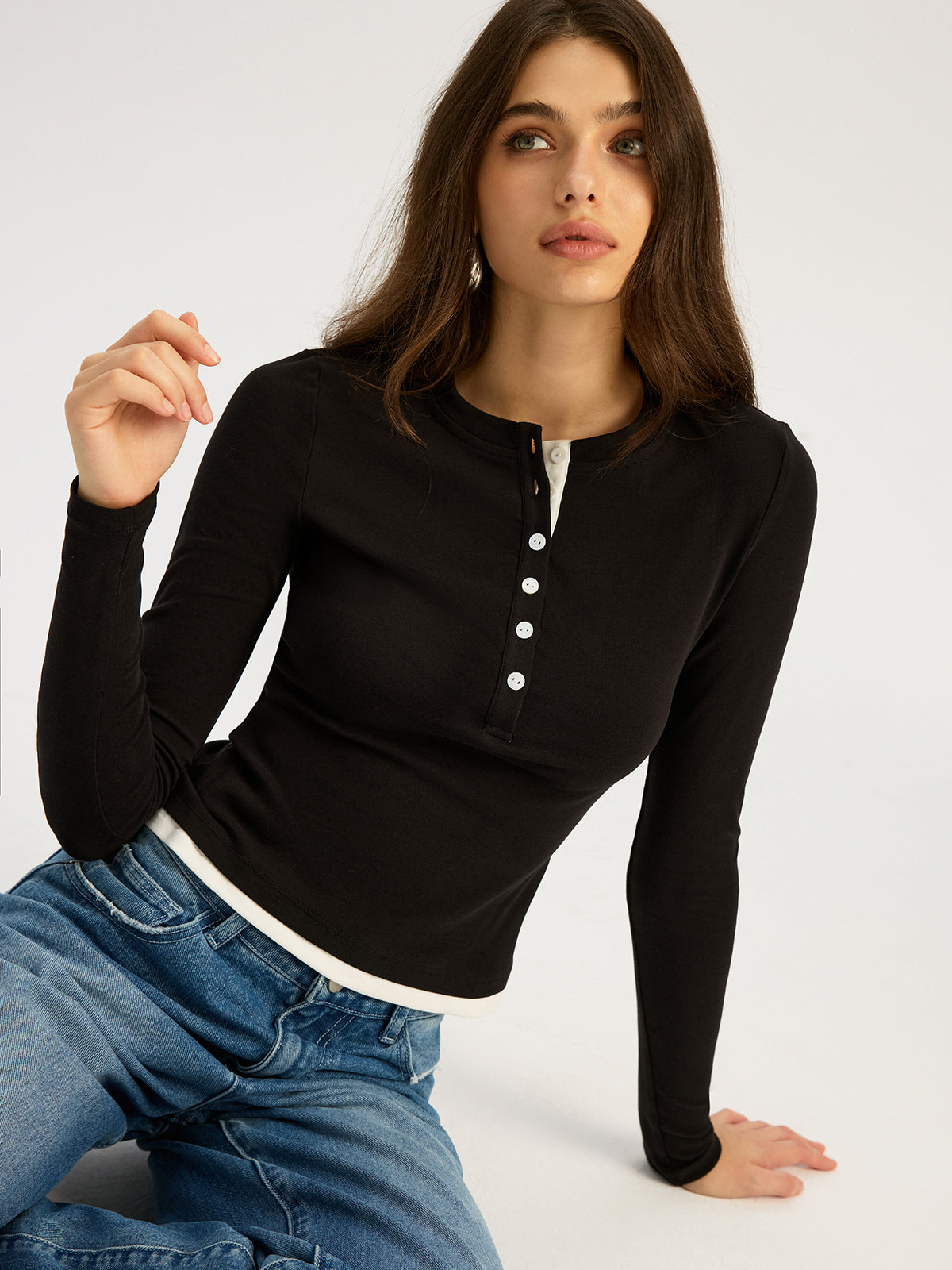 Contrast Trim Cotton Blend Long Sleeve Top