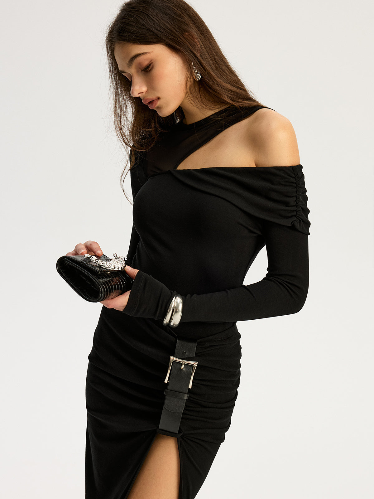 Mesh Paneled Cold-Shoulder Bodysuit