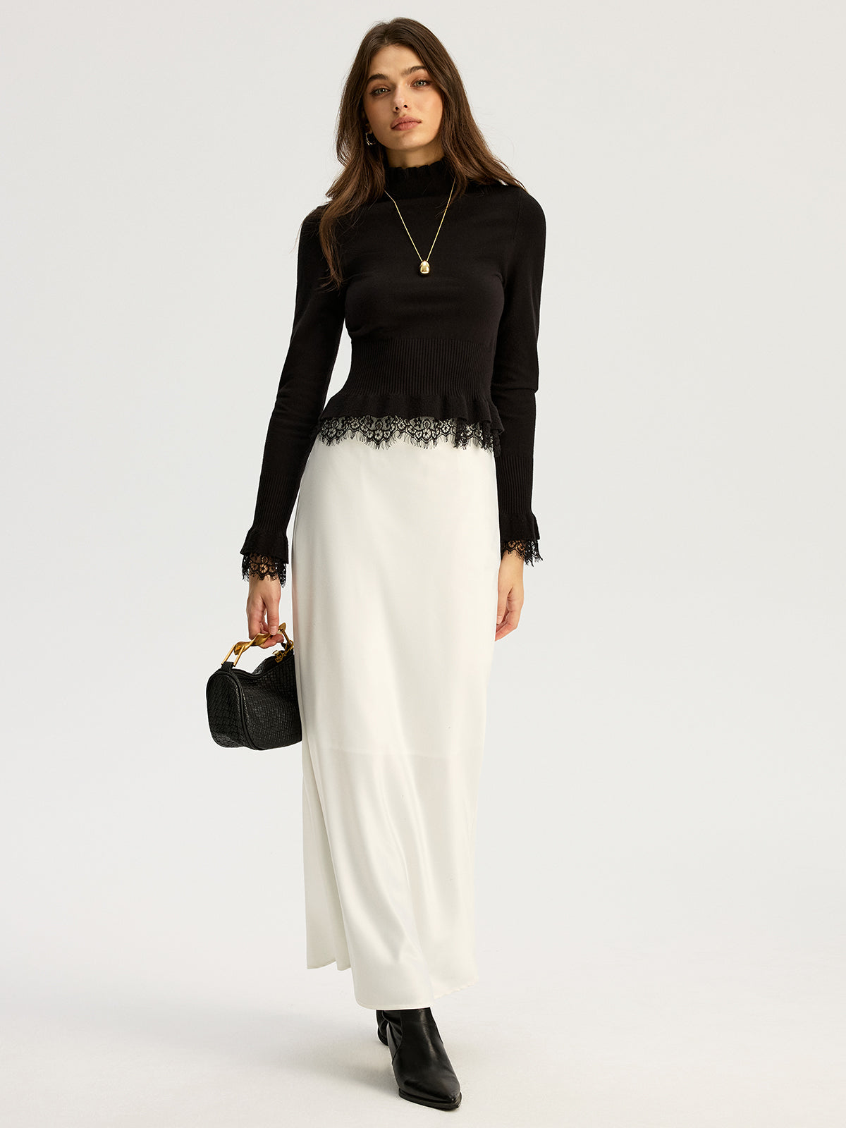 Lace Trim Mock Neck Knit Top