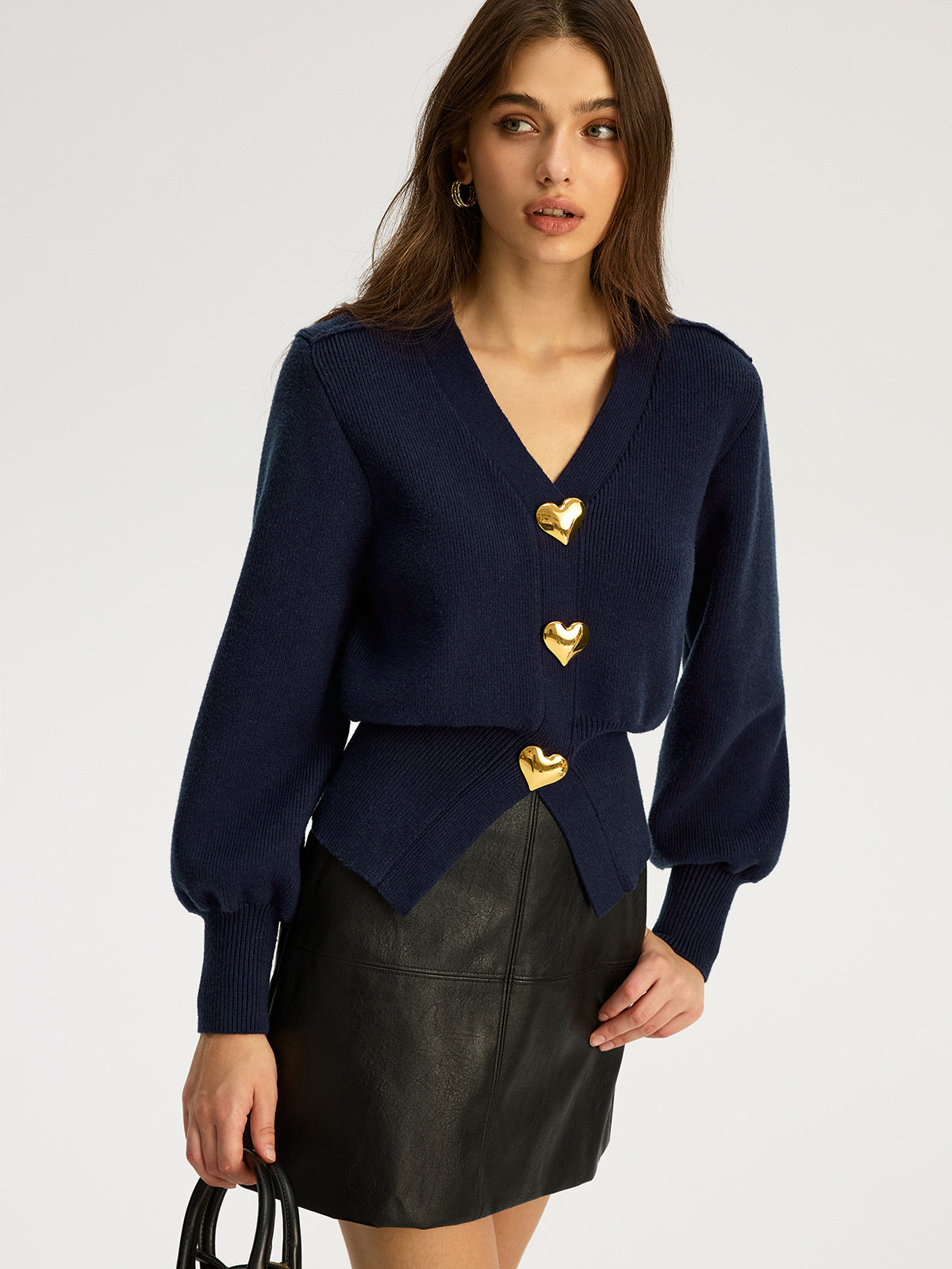 Heart Metal Button V-Neck Cardigan