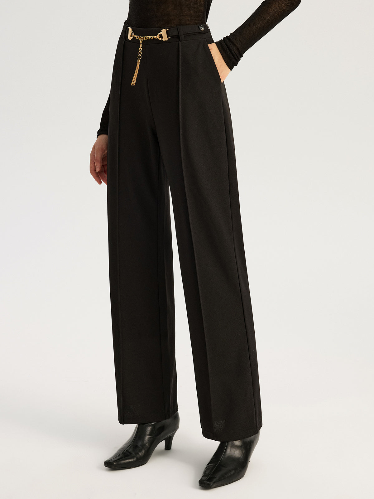 Straight-Leg Pants with Metal Chain Belt