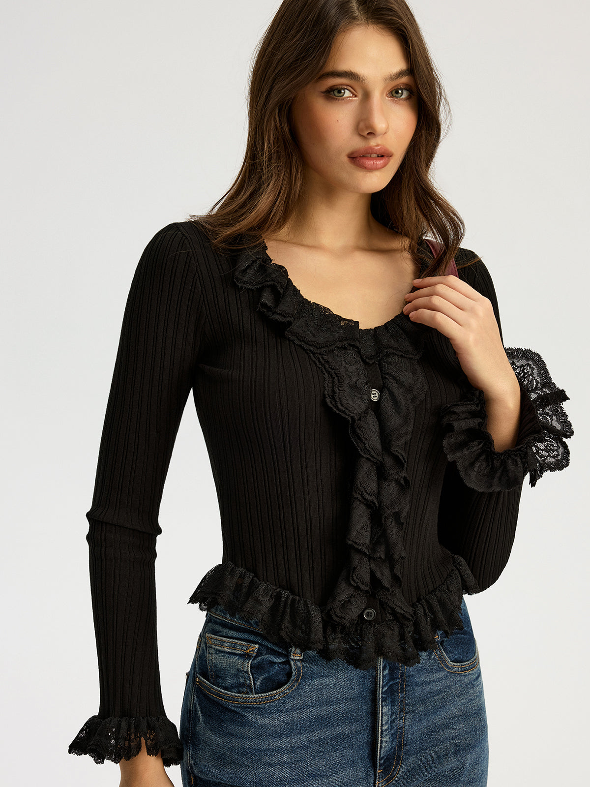 Ruffled Ribbed Long-sleeve Knit Top