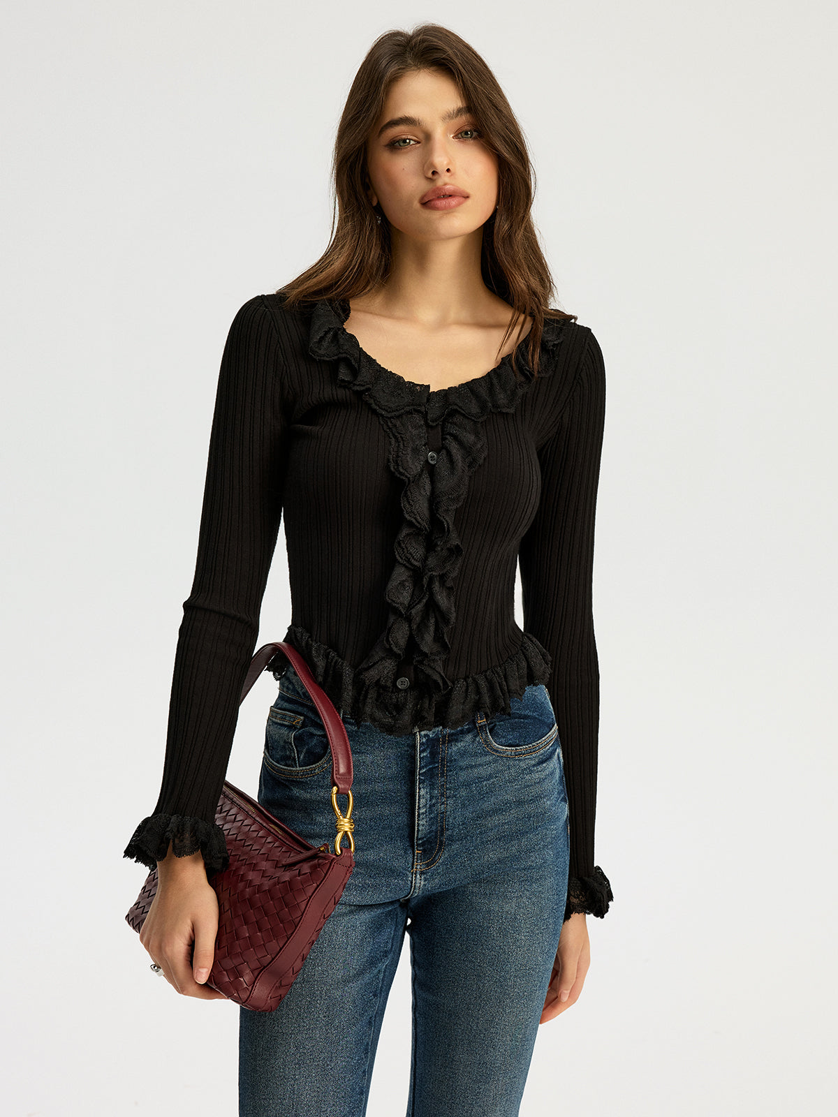 Ruffled Ribbed Long-sleeve Knit Top
