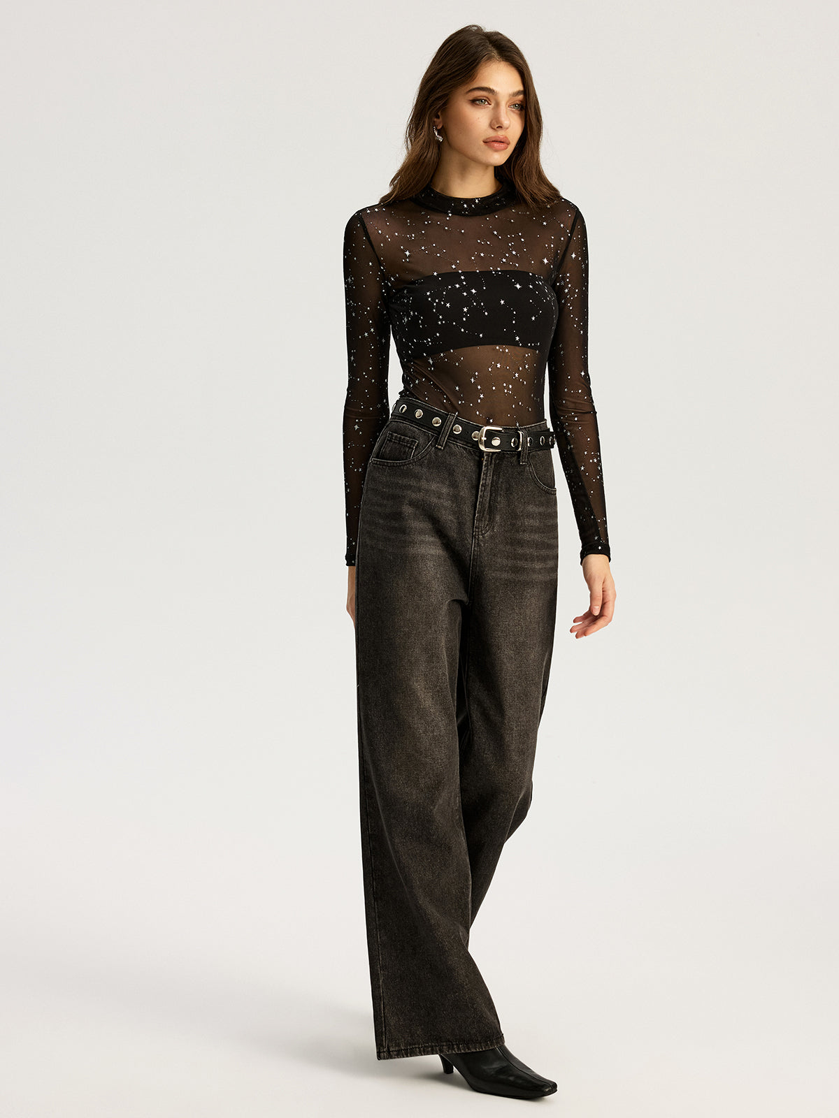 Glitter Star Sheer Mesh Long-Sleeve Bodysuit