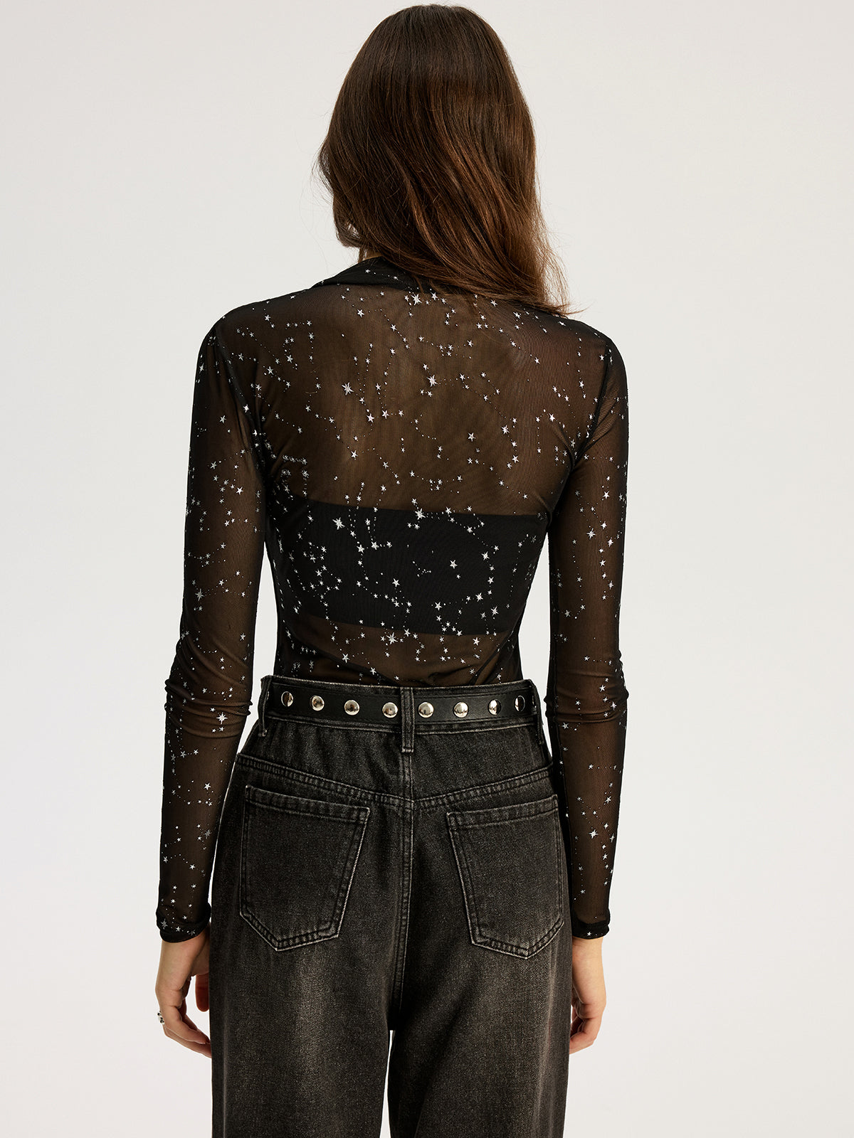 Glitter Star Sheer Mesh Long-Sleeve Bodysuit