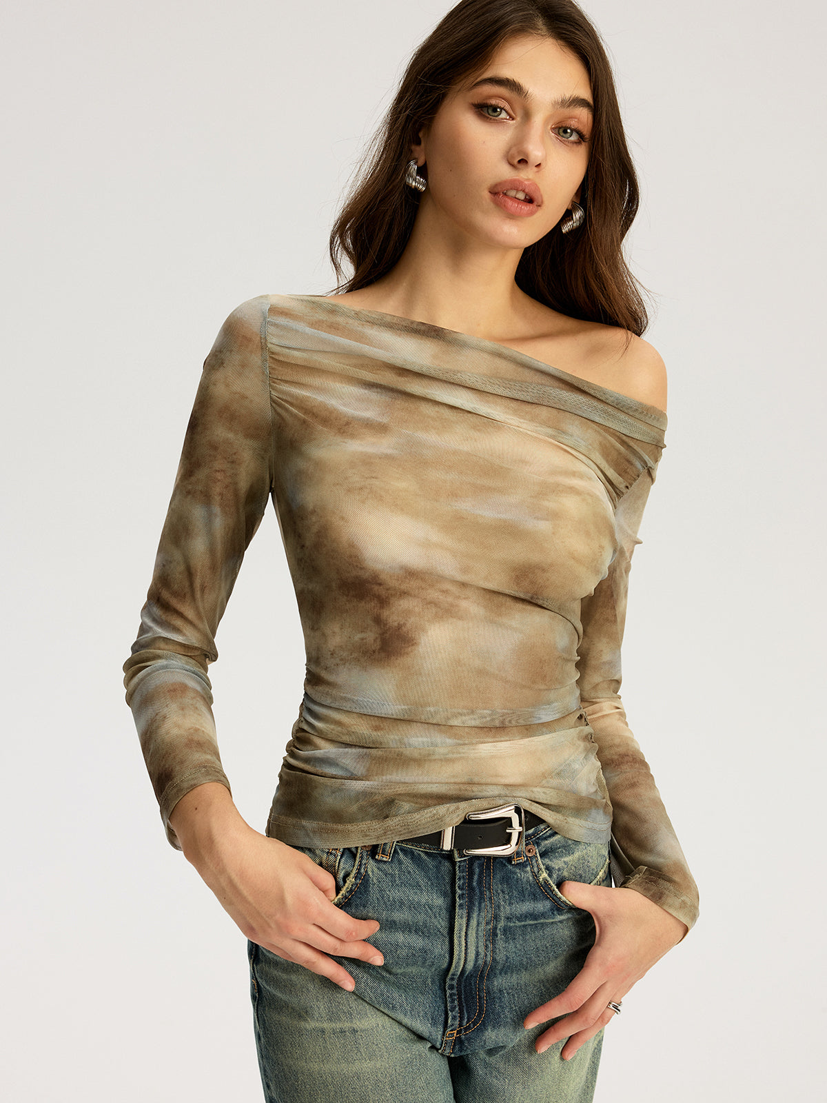 Batikmuster schulterfreies Langarm-Oberteil