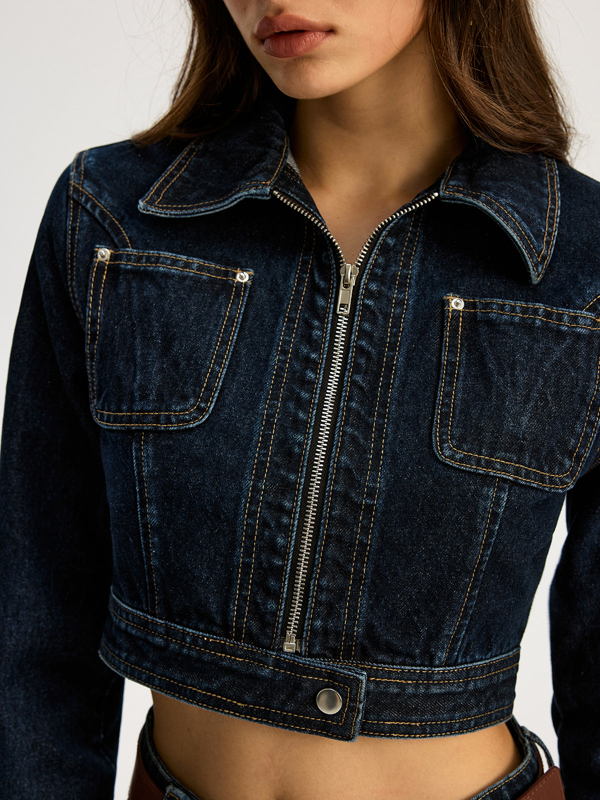 Zip Front Cropped Denim Jacket