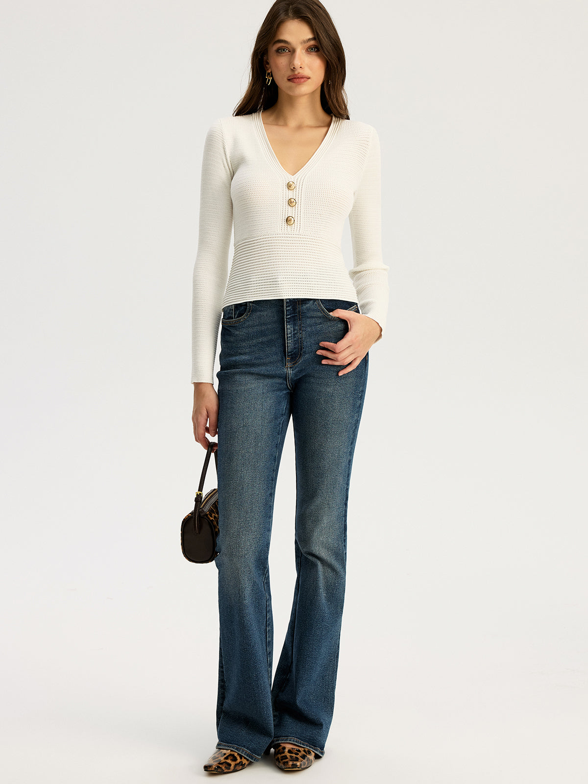 Fitted Long-Sleeve Rib-Knit Top with Metal Button