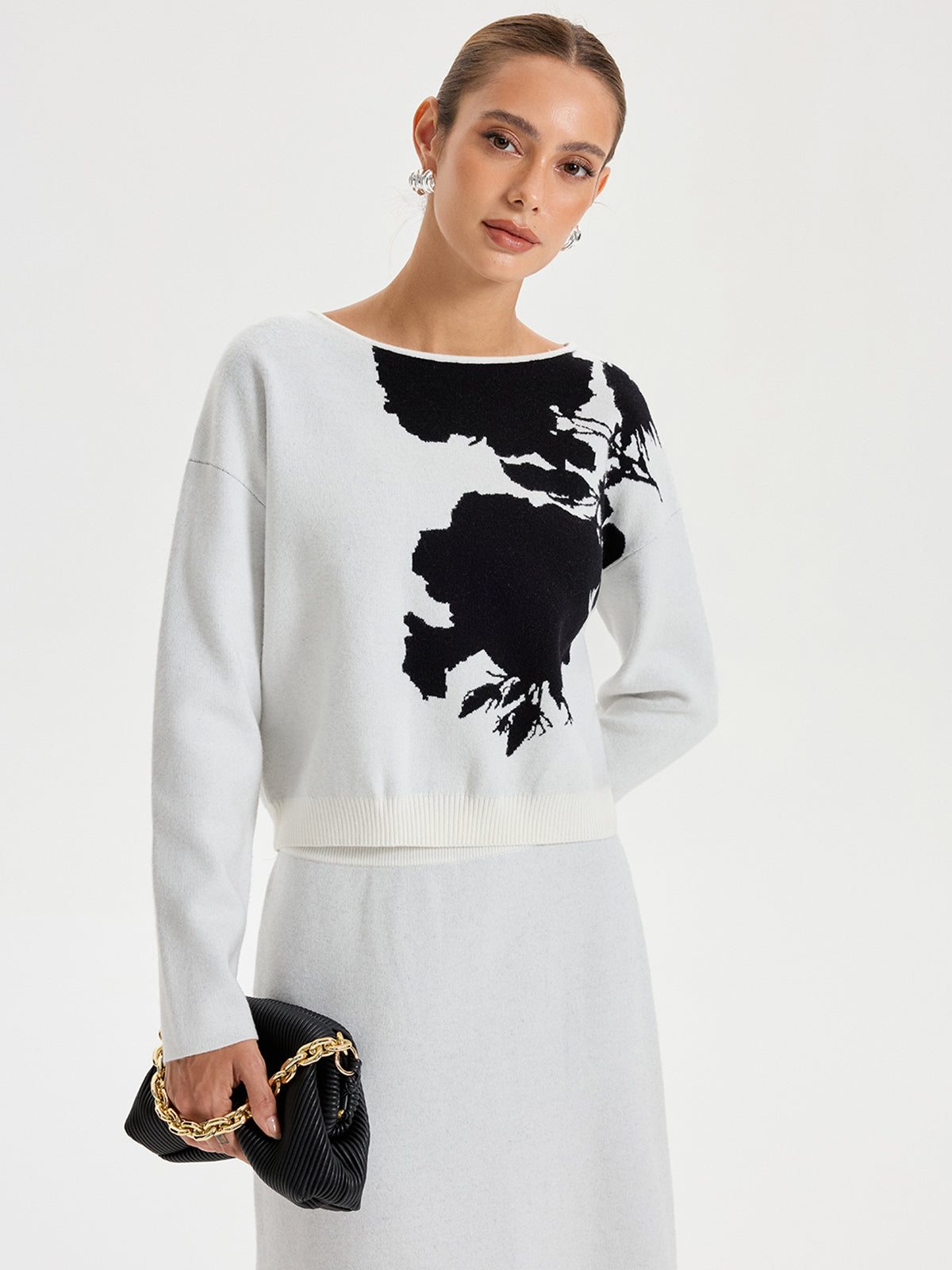 Ink-Wash Painting Pattern Round Neck Knit Top